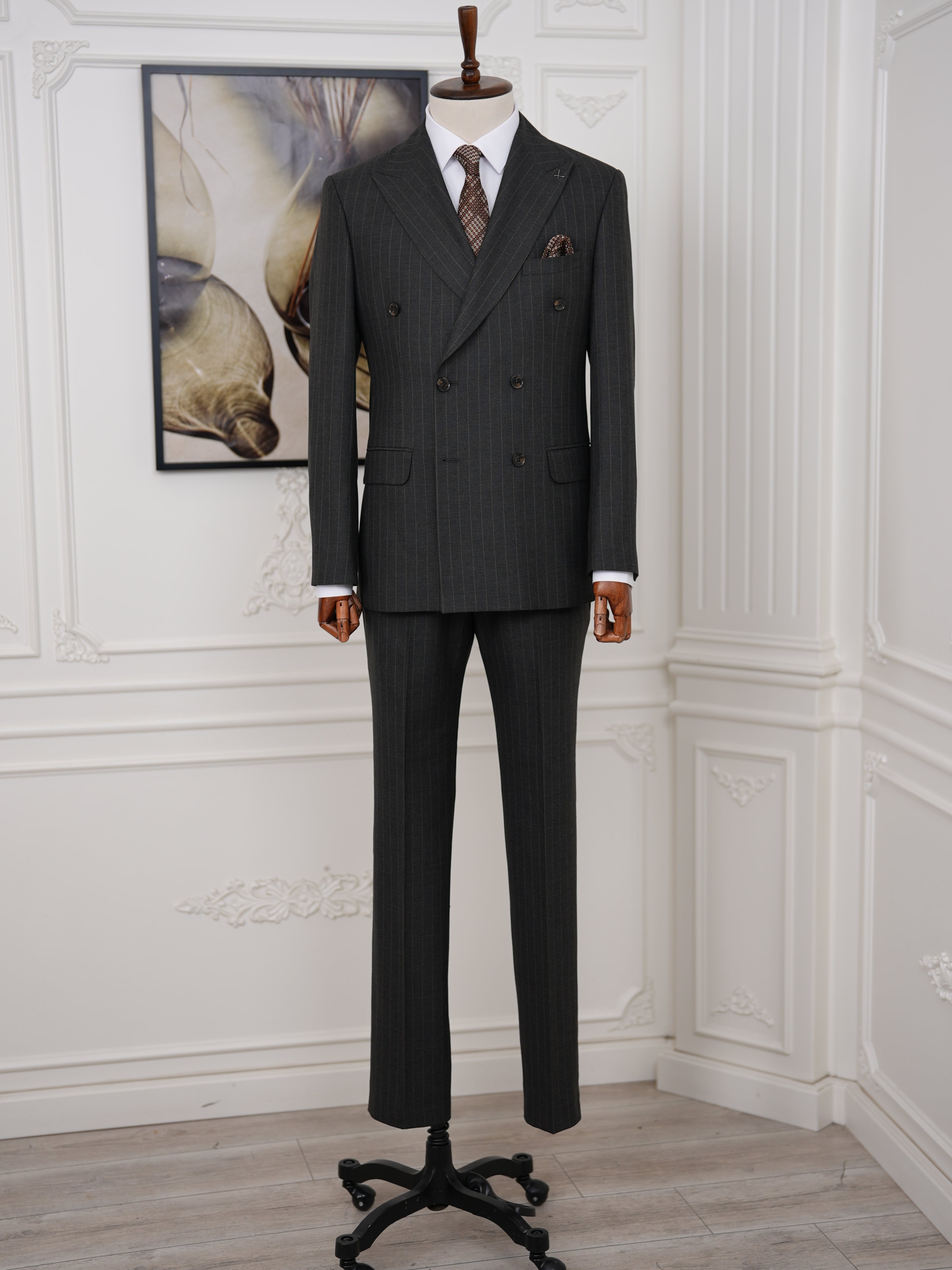 Premium Erkek Slim Fit İtalyan Stil Yarım Astarlı Çizgili Kruvaze Takım Elbise Ceket Pantolon - Acı Kahve