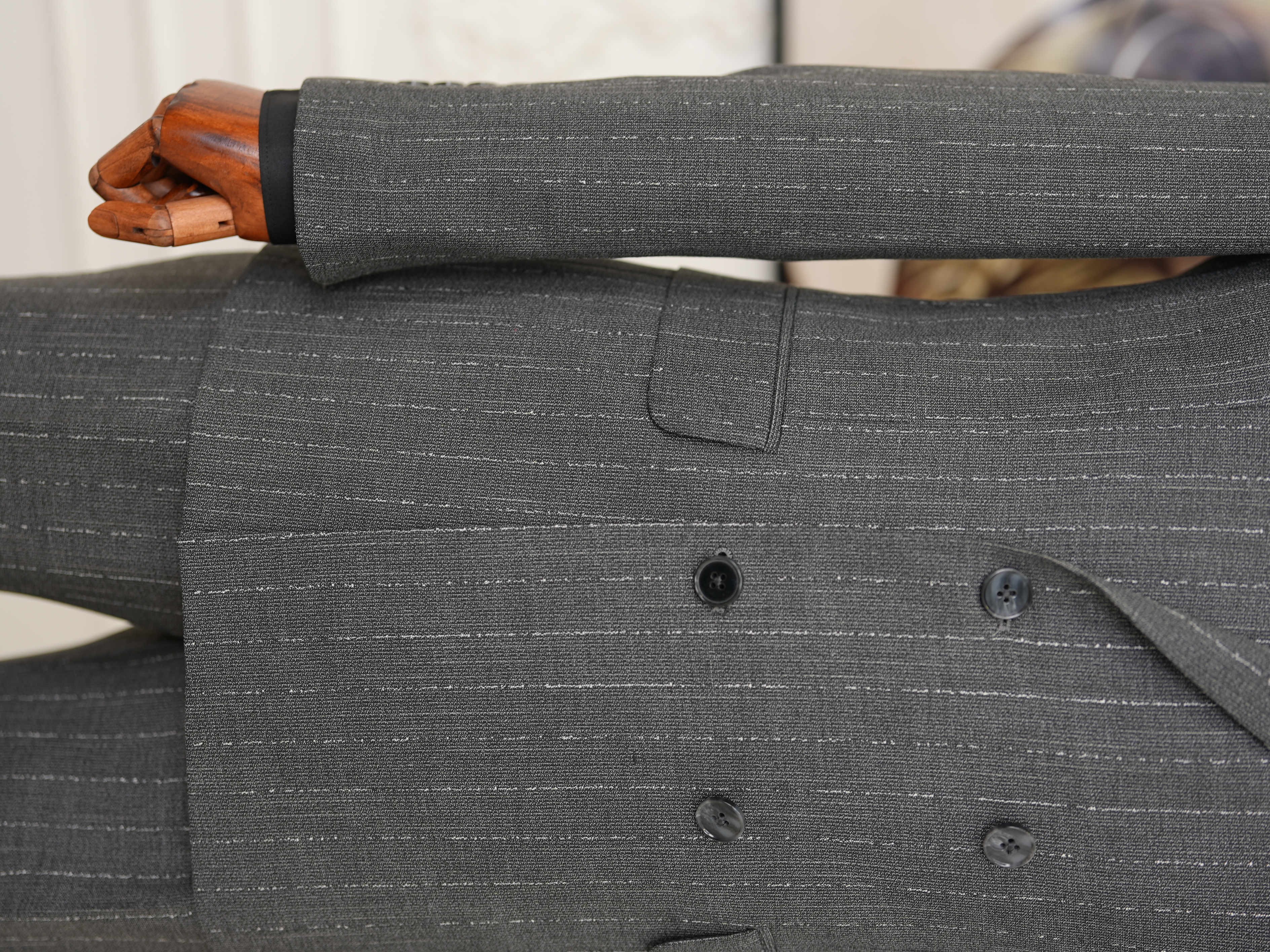 Premium Mens Slim Fit Italian Style Half-Lined Striped Double-Breasted Suit Jacket and Trousers - Grey
