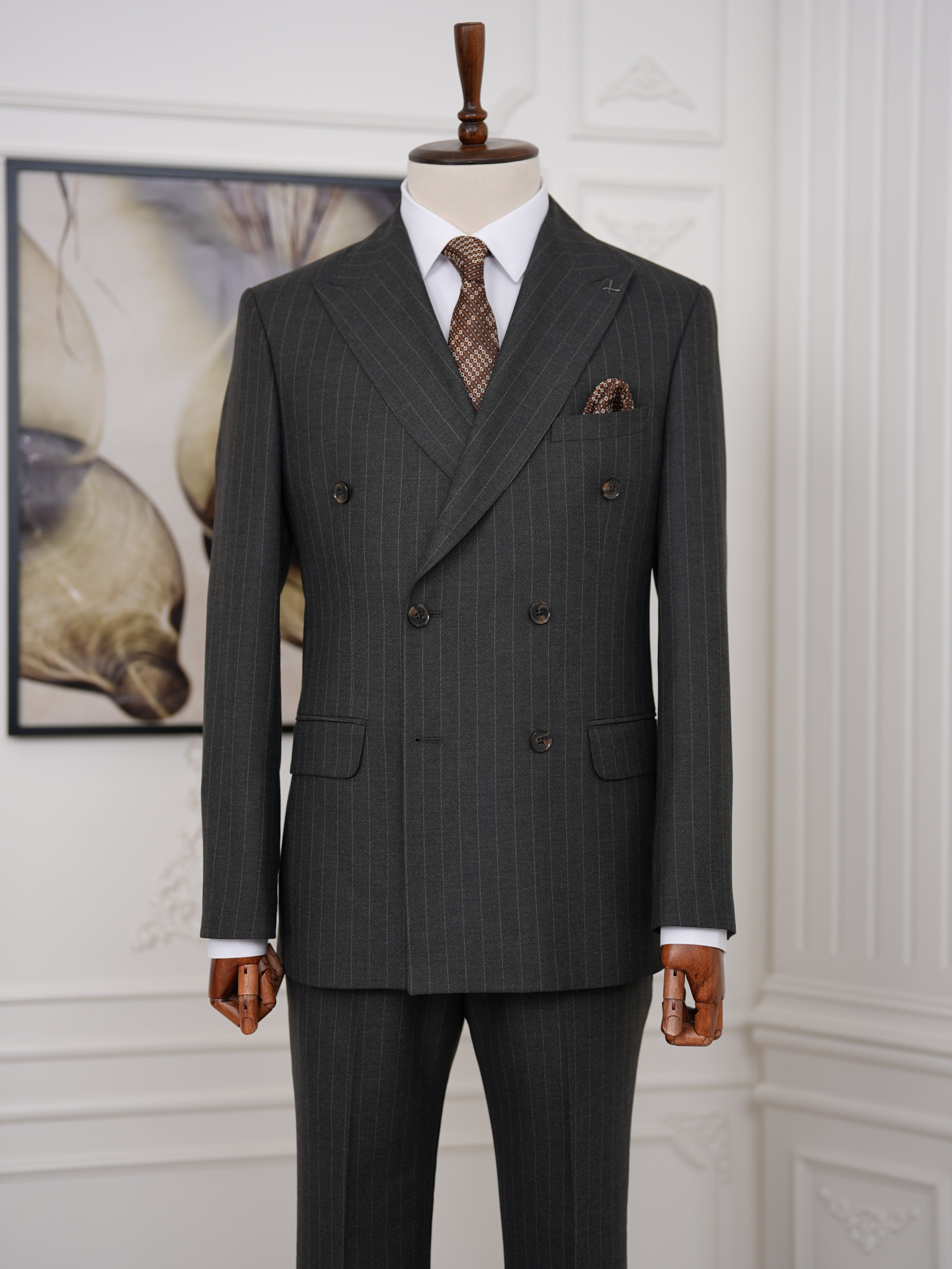 Premium Erkek Slim Fit İtalyan Stil Yarım Astarlı Çizgili Kruvaze Takım Elbise Ceket Pantolon - Acı Kahve