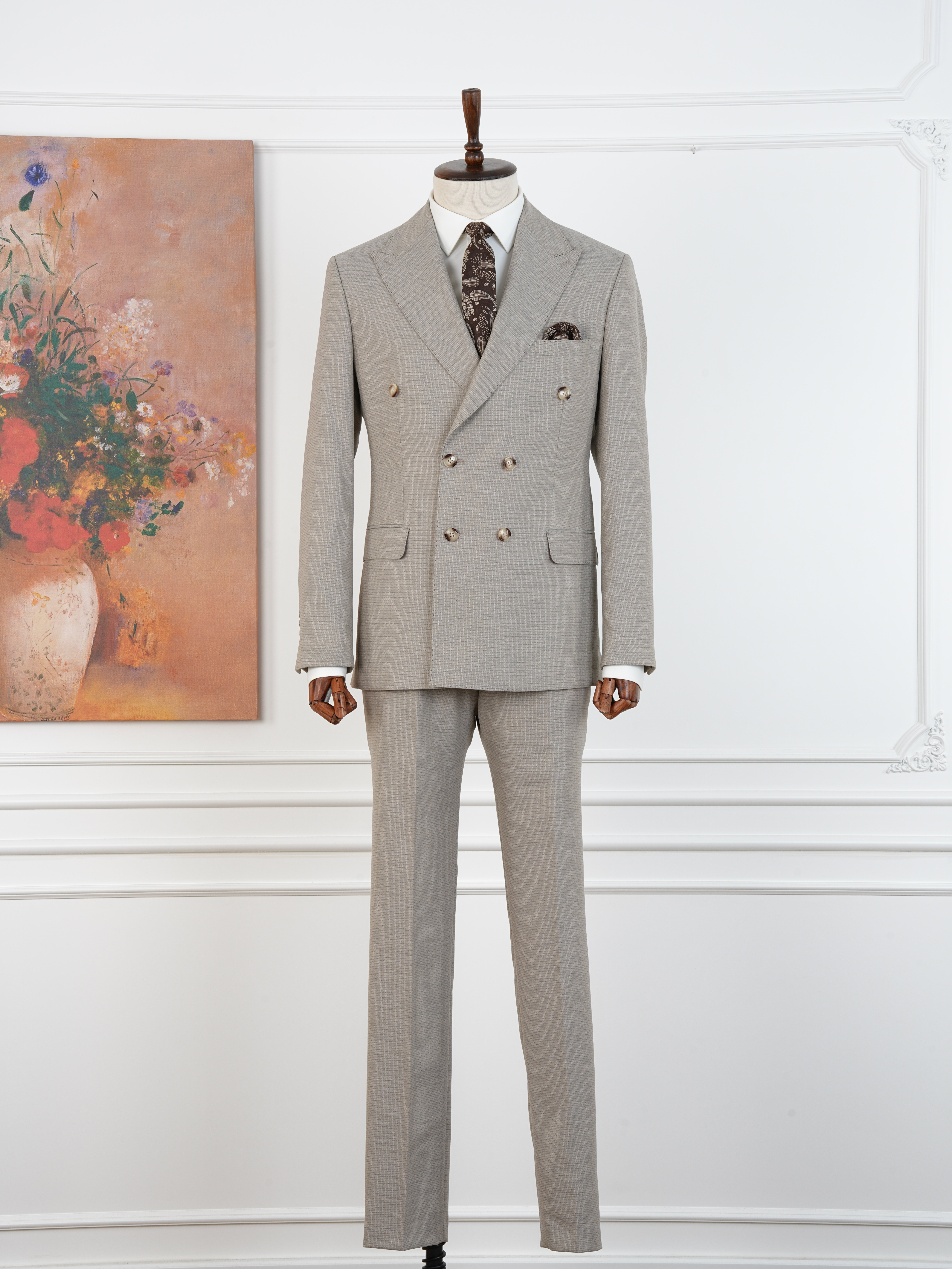 Premium Erkek Slim Fit İtalyan Stil Yarım Astarlı Kırcıllı Kruvaze Takım Elbise - Bej