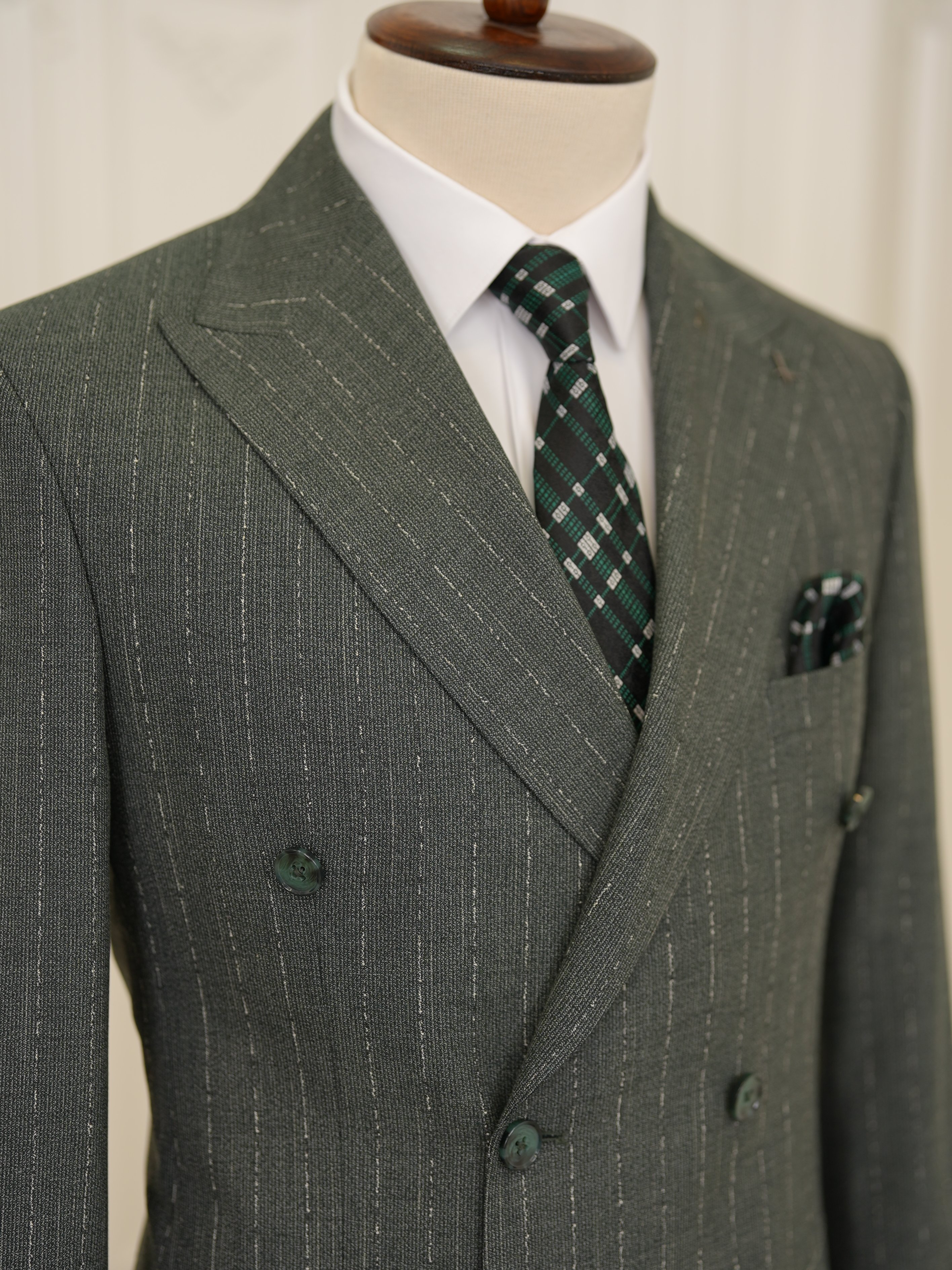 Premium Erkek Slim Fit İtalyan Stil Yarım Astarlı Çizgiliı Kruvaze Takım Elbise Ceket Pantolon - Yeşil