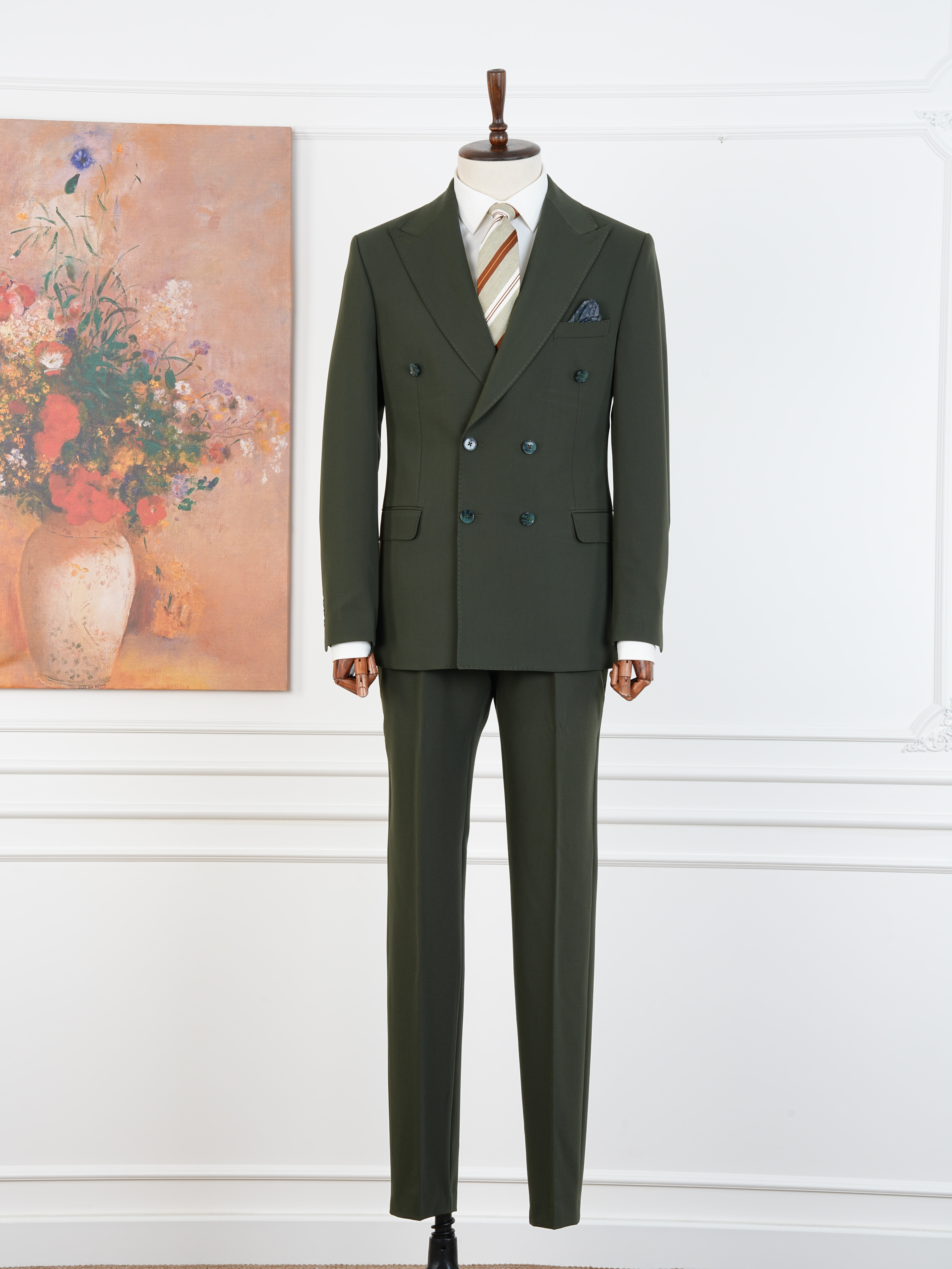 Premium Erkek Slim Fit İtalyan Stil Yarım Astarlı Kruvaze Takım Elbise - Haki