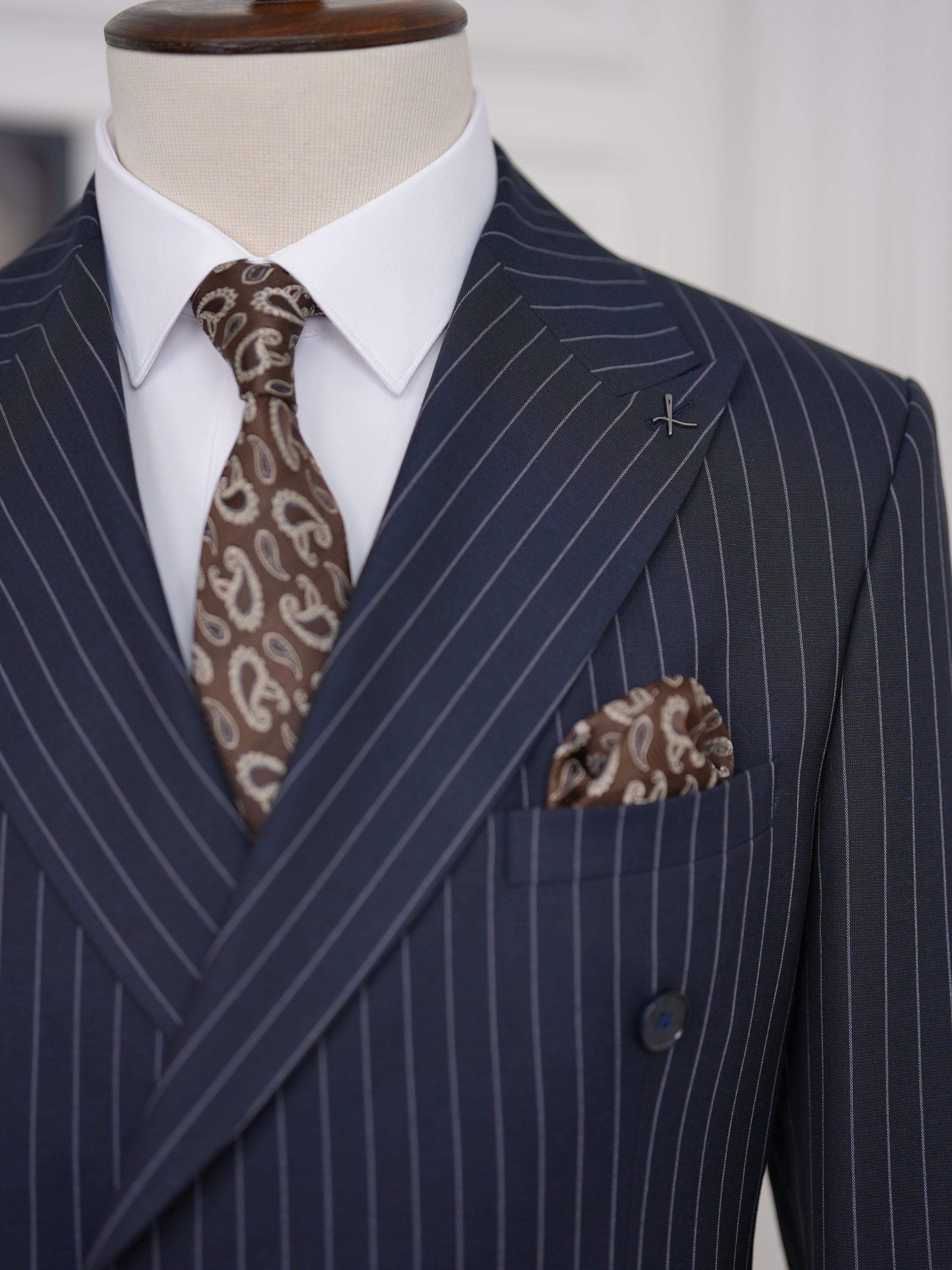 Premium Erkek Slim Fit İtalyan Stil Yarım Astarlı Çizgili Kruvaze Takım Elbise Ceket Pantolon - Koyu Lacivert