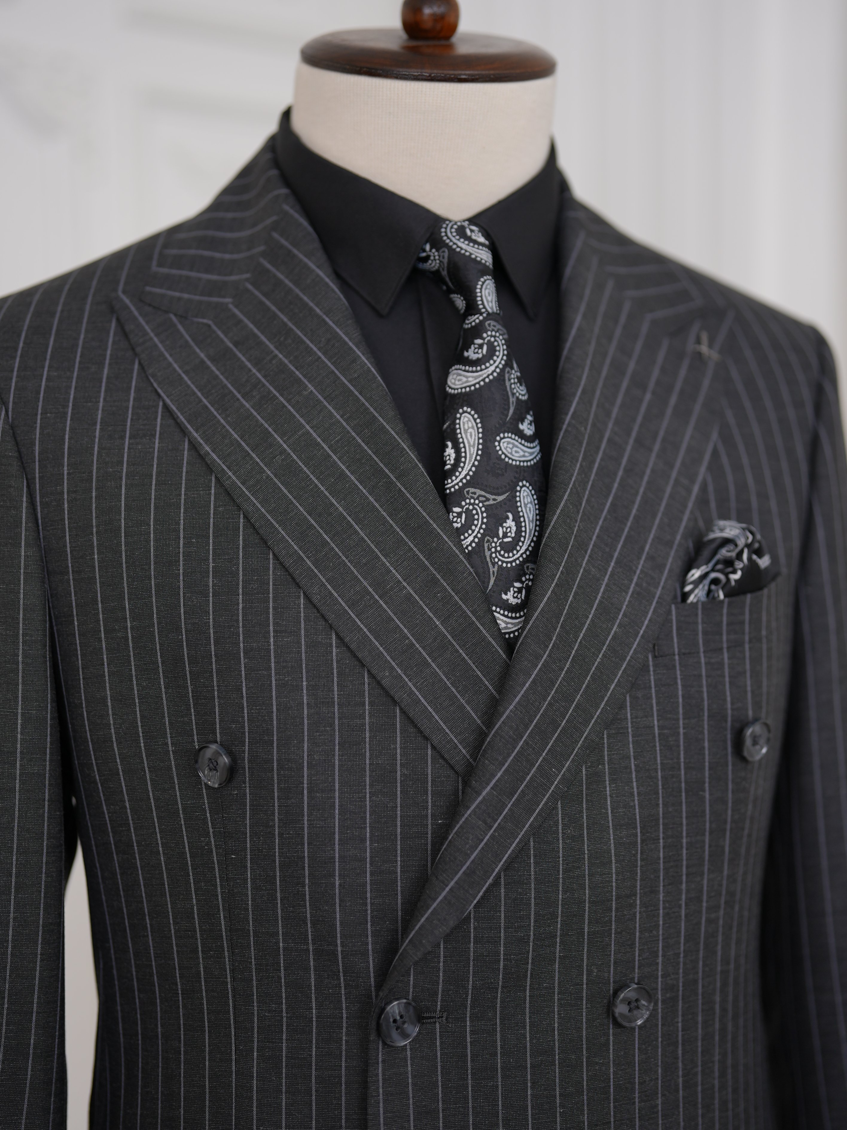 Premium Erkek Slim Fit İtalyan Stil Yarım Astarlı Çizgili Kruvaze Takım Elbise Ceket Pantolon - Antrasit
