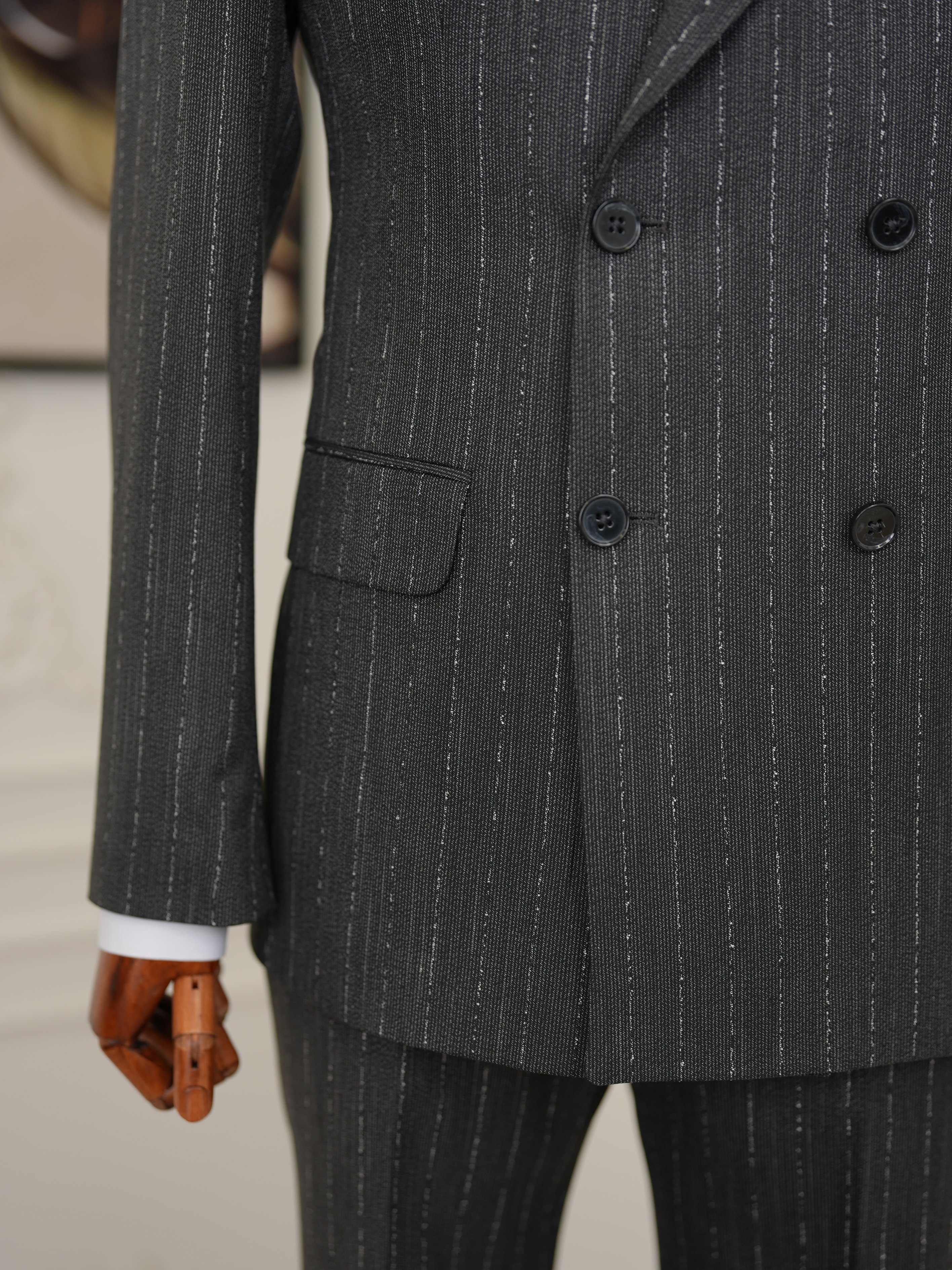 Premium Erkek Slim Fit İtalyan Stil Yarım Astarlı Çizgiliı Kruvaze Takım Elbise Ceket Pantolon - Antrasit