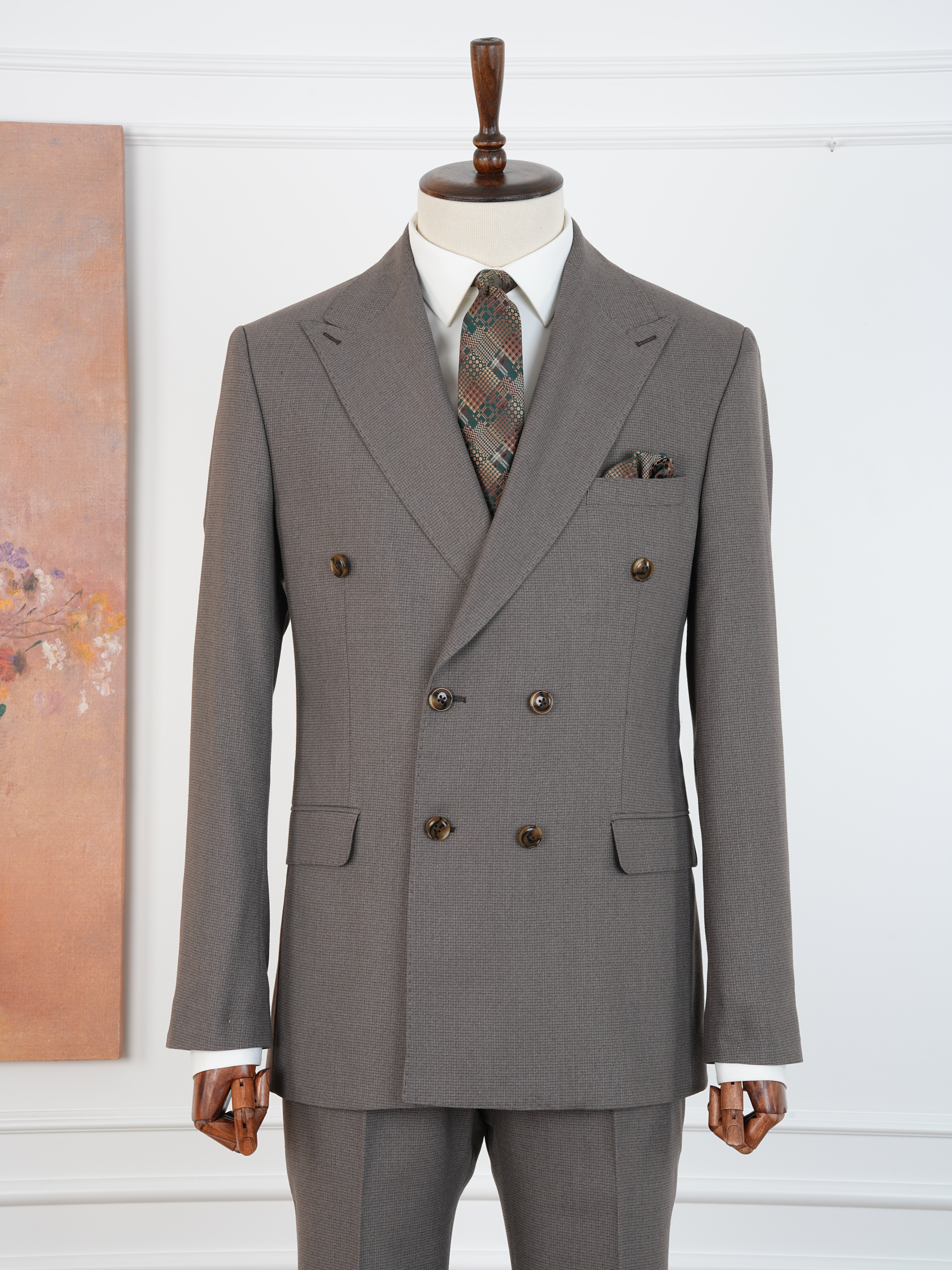 Premium Erkek Slim Fit İtalyan Stil Yarım Astarlı Kırcıllı Kruvaze Takım Elbise - Sütlü Kahve