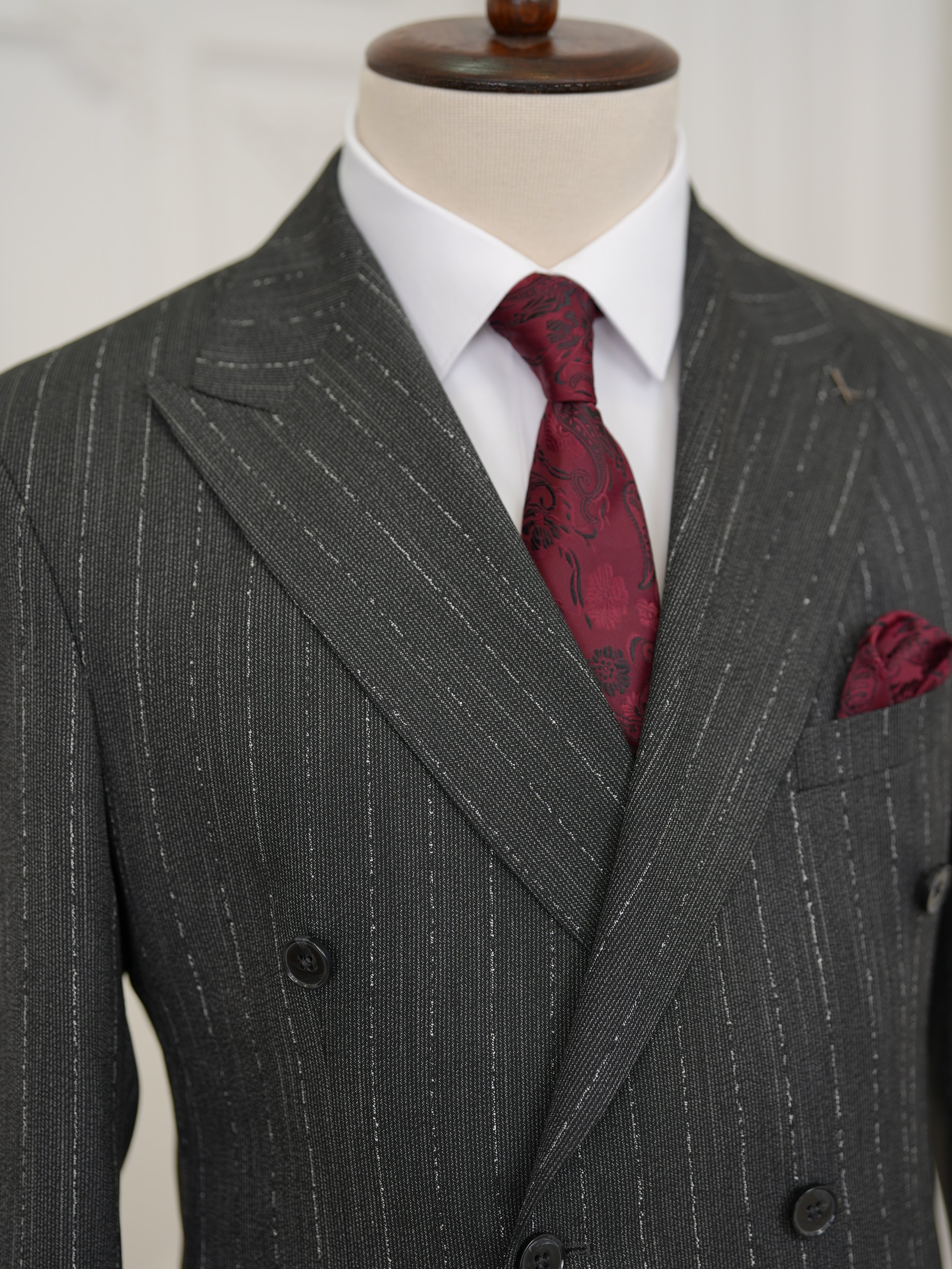 Premium Erkek Slim Fit İtalyan Stil Yarım Astarlı Çizgiliı Kruvaze Takım Elbise Ceket Pantolon - Antrasit