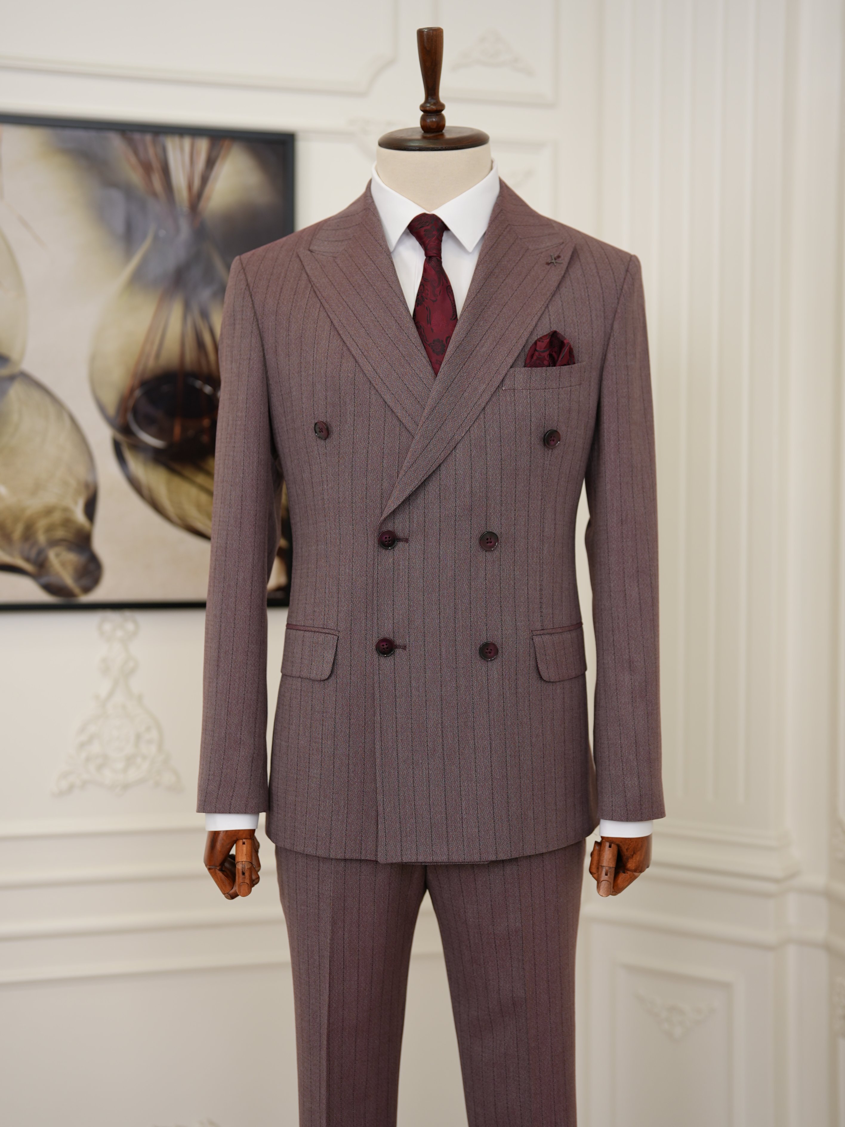 Premium Erkek Slim Fit İtalyan Stil Yarım Astarlı Çizgiliı Kruvaze Takım Elbise Ceket Pantolon - Mürdüm