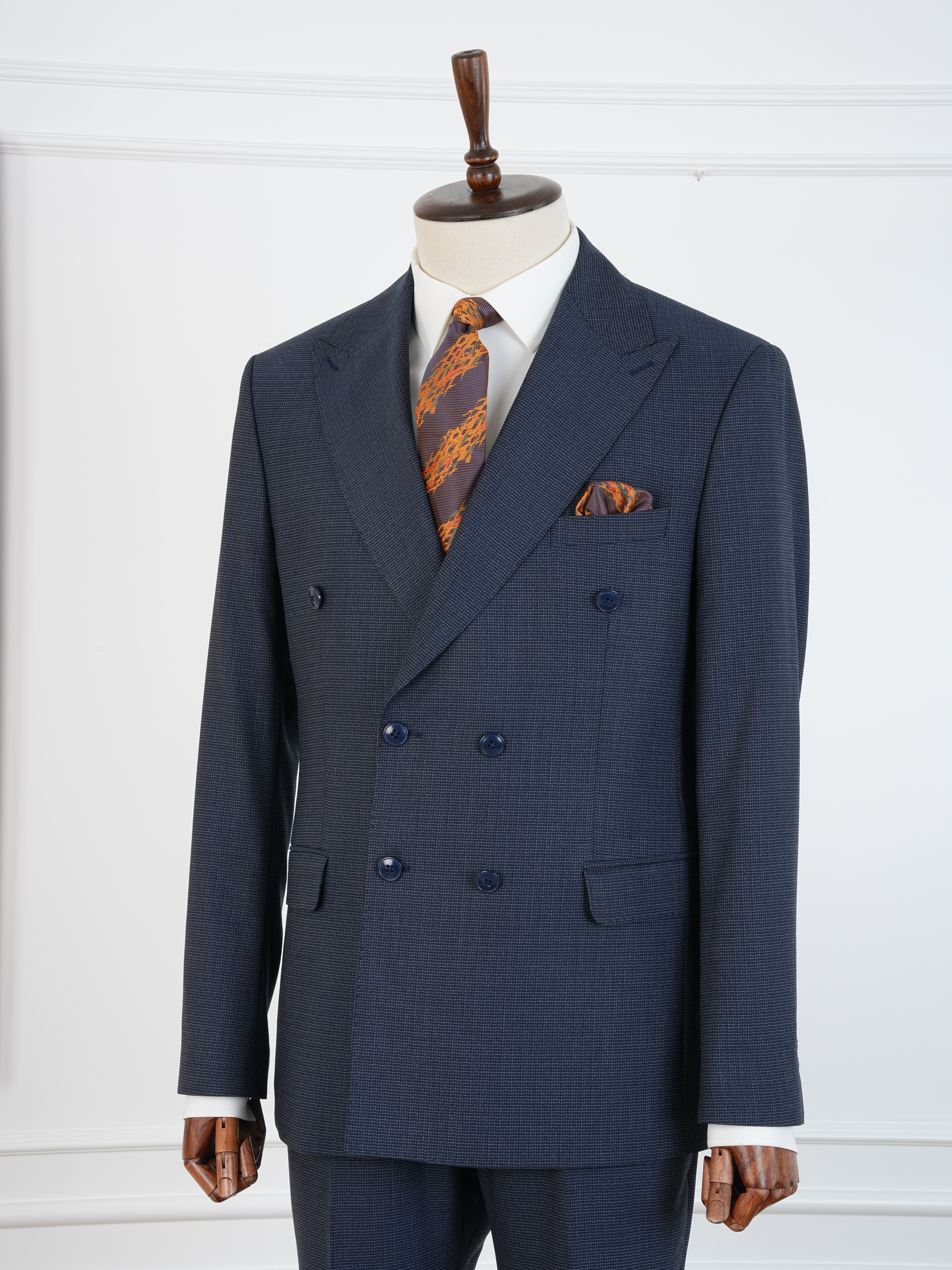 Premium Erkek Slim Fit İtalyan Stil Yarım Astarlı Kırcıllı Kruvaze Takım Elbise - Lacivert