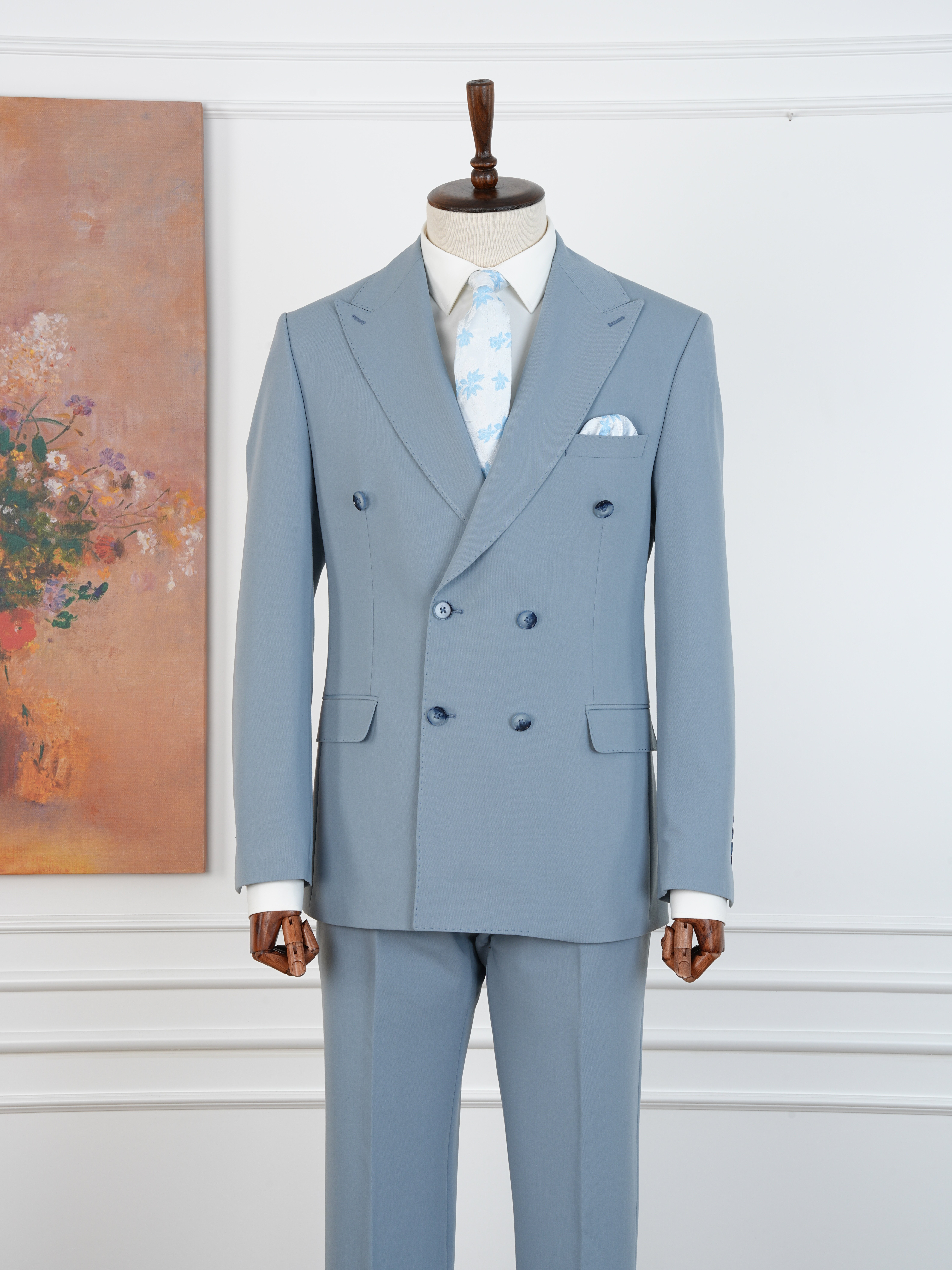 Premium Erkek Slim Fit İtalyan Stil Yarım Astarlı Kruvaze Takım Elbise - Buz Mavisi