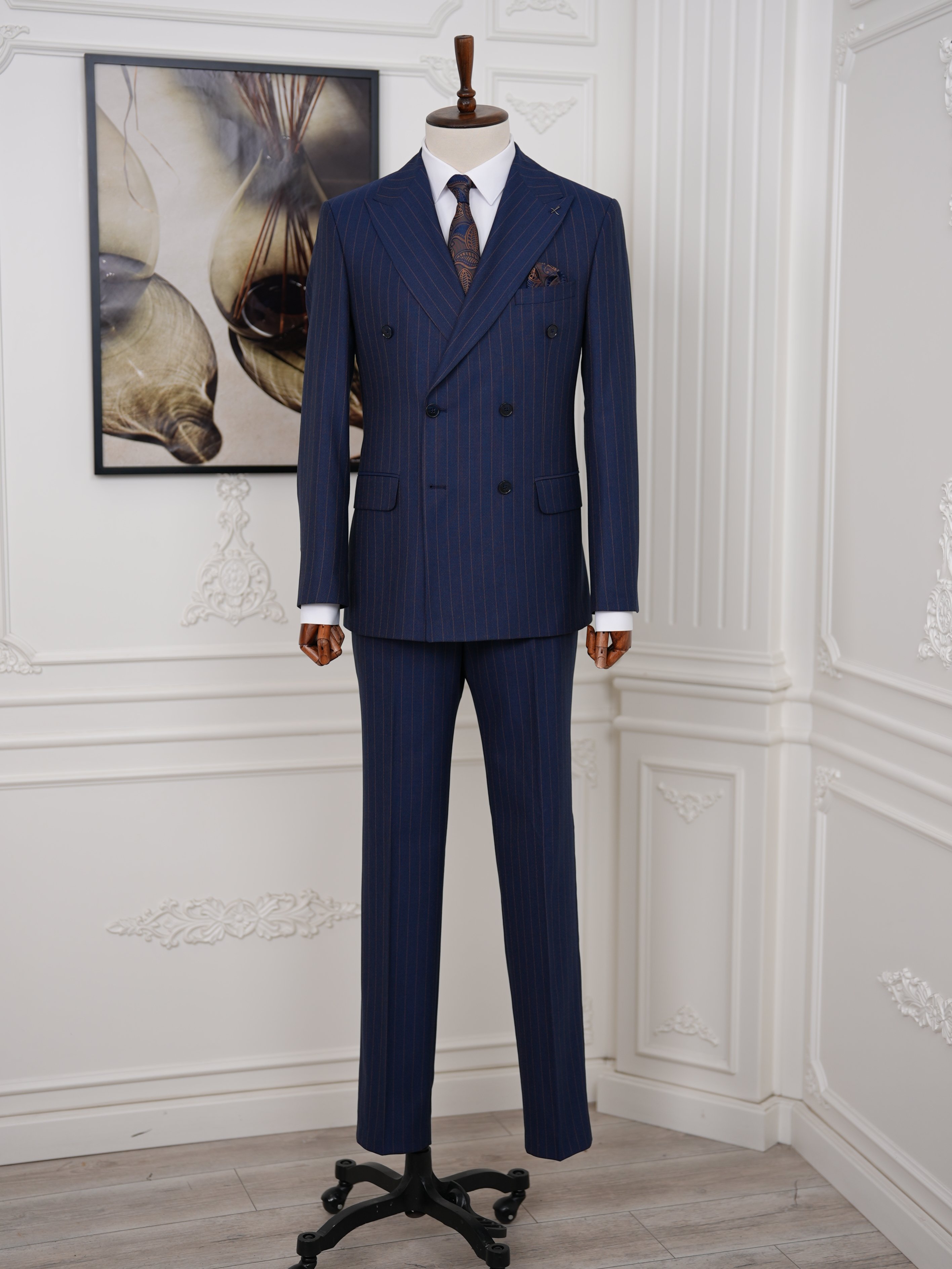 Premium Erkek Slim Fit İtalyan Stil Yarım Astarlı Çizgili Kruvaze Takım Elbise Ceket Pantolon - Lacivert