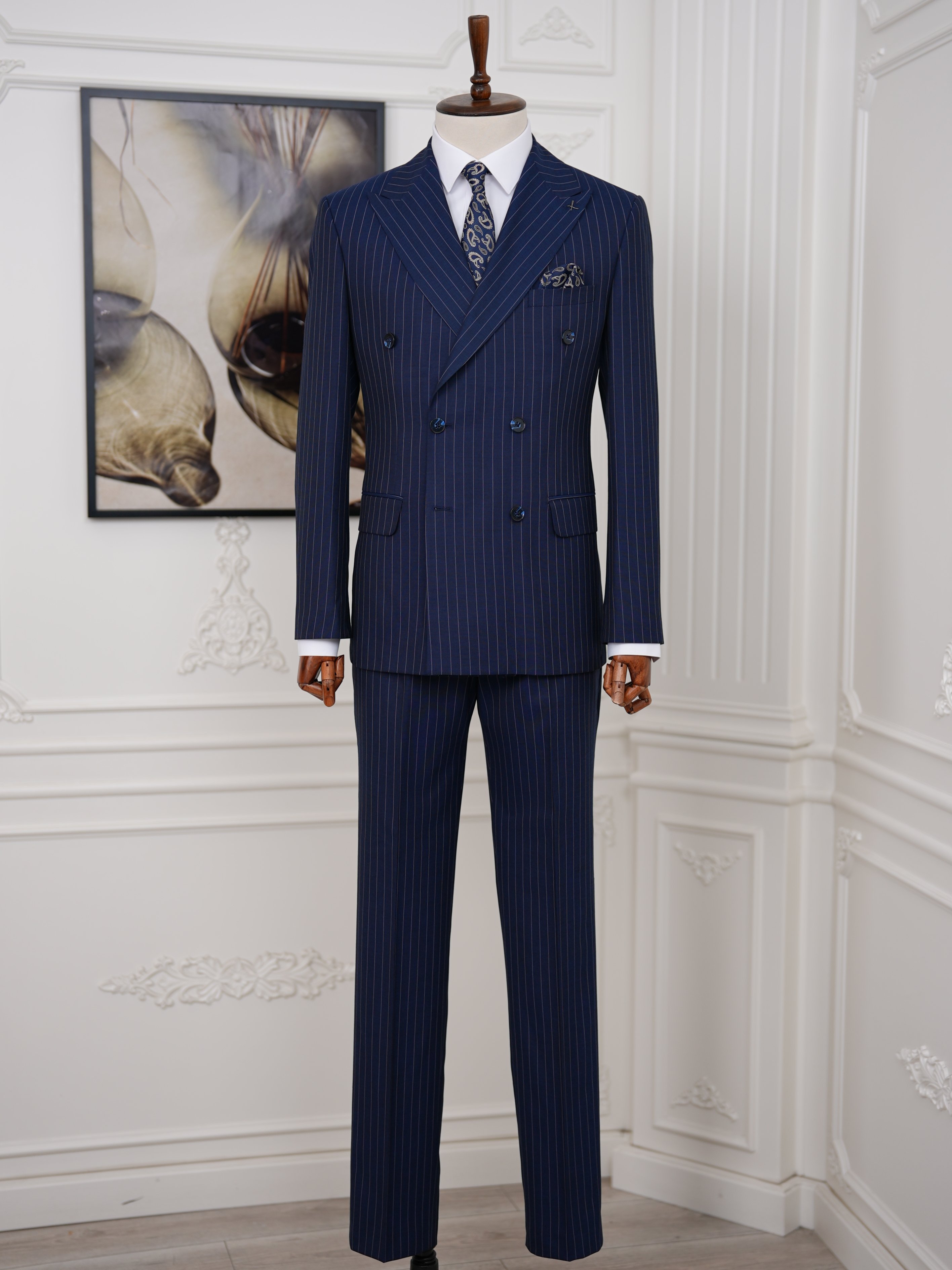 Premium Erkek Slim Fit İtalyan Stil Yarım Astarlı Çizgili Kruvaze Takım Elbise Ceket Pantolon - Saks Mavisi