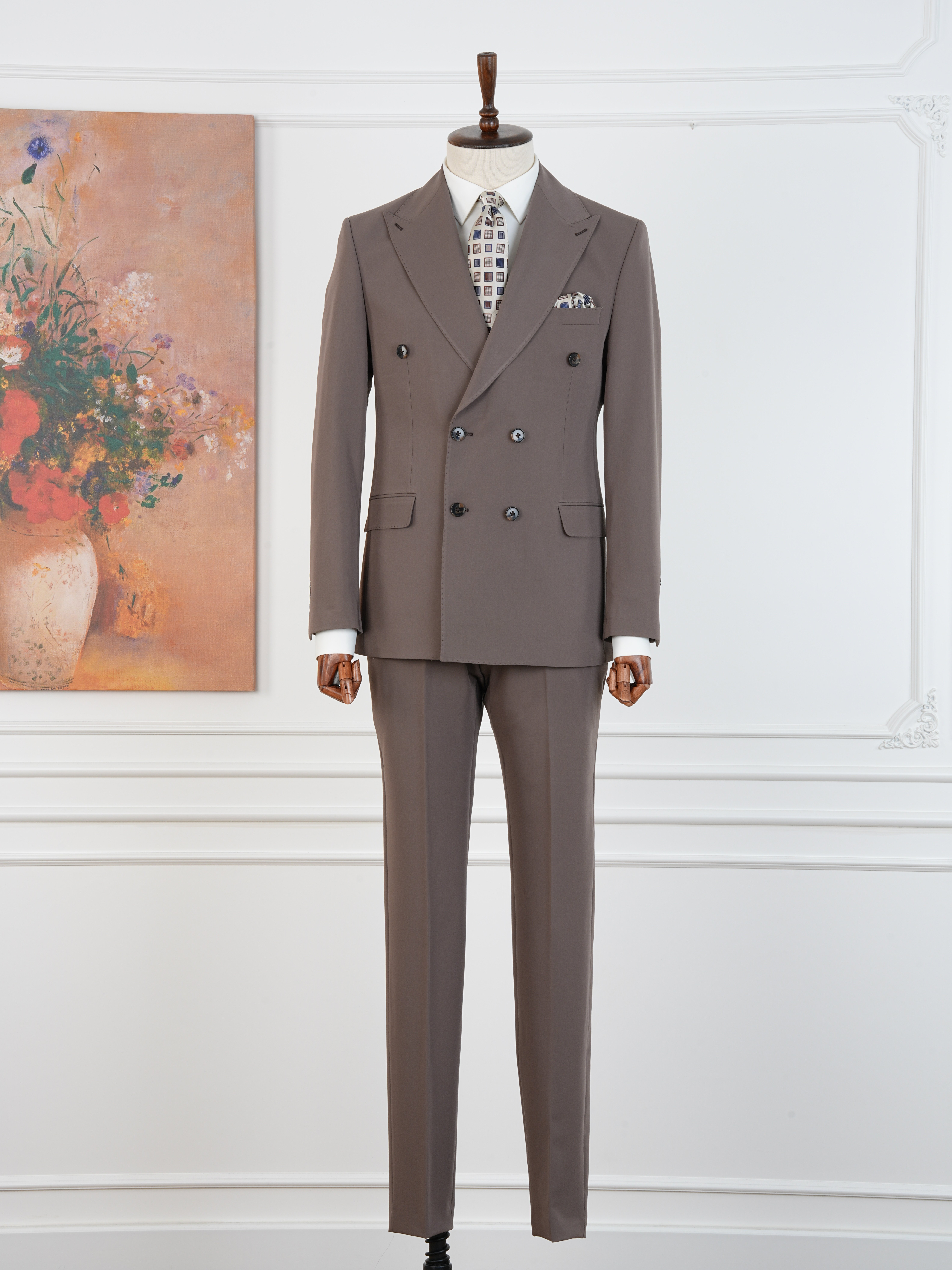 Premium Erkek Slim Fit İtalyan Stil Yarım Astarlı Kruvaze Takım Elbise - Kahve
