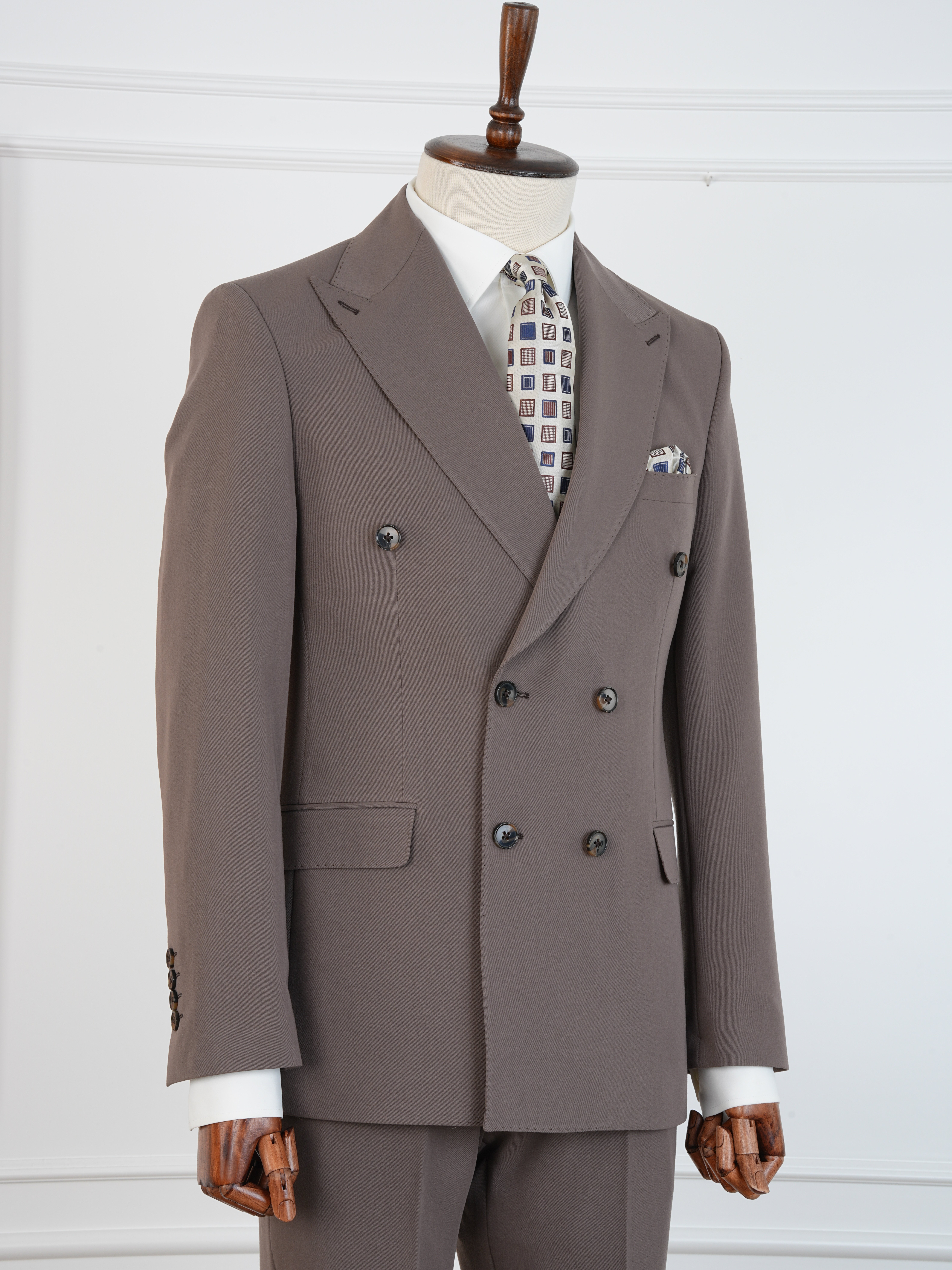 Premium Erkek Slim Fit İtalyan Stil Yarım Astarlı Kruvaze Takım Elbise - Kahve