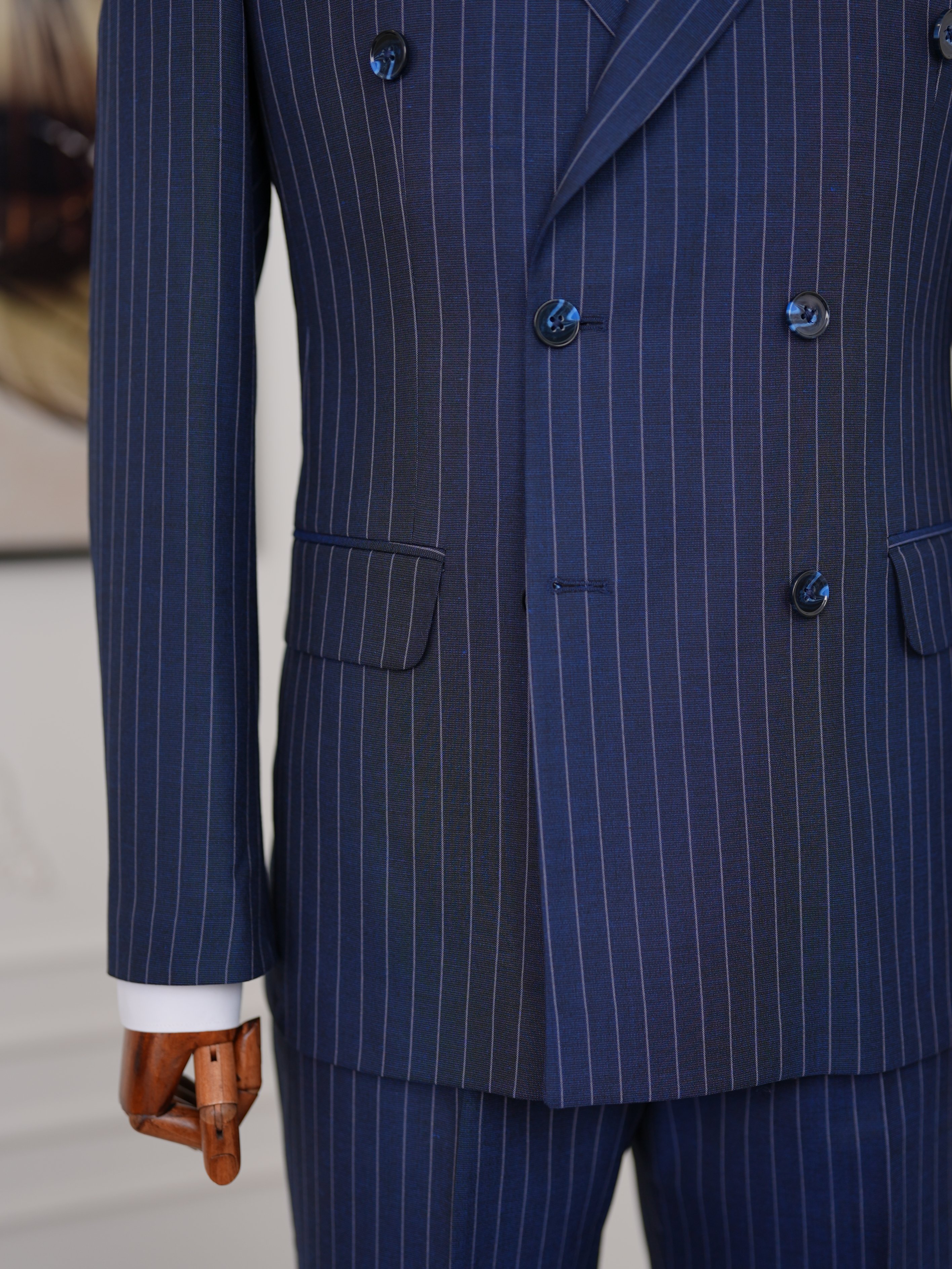 Premium Erkek Slim Fit İtalyan Stil Yarım Astarlı Çizgili Kruvaze Takım Elbise Ceket Pantolon - Saks Mavisi