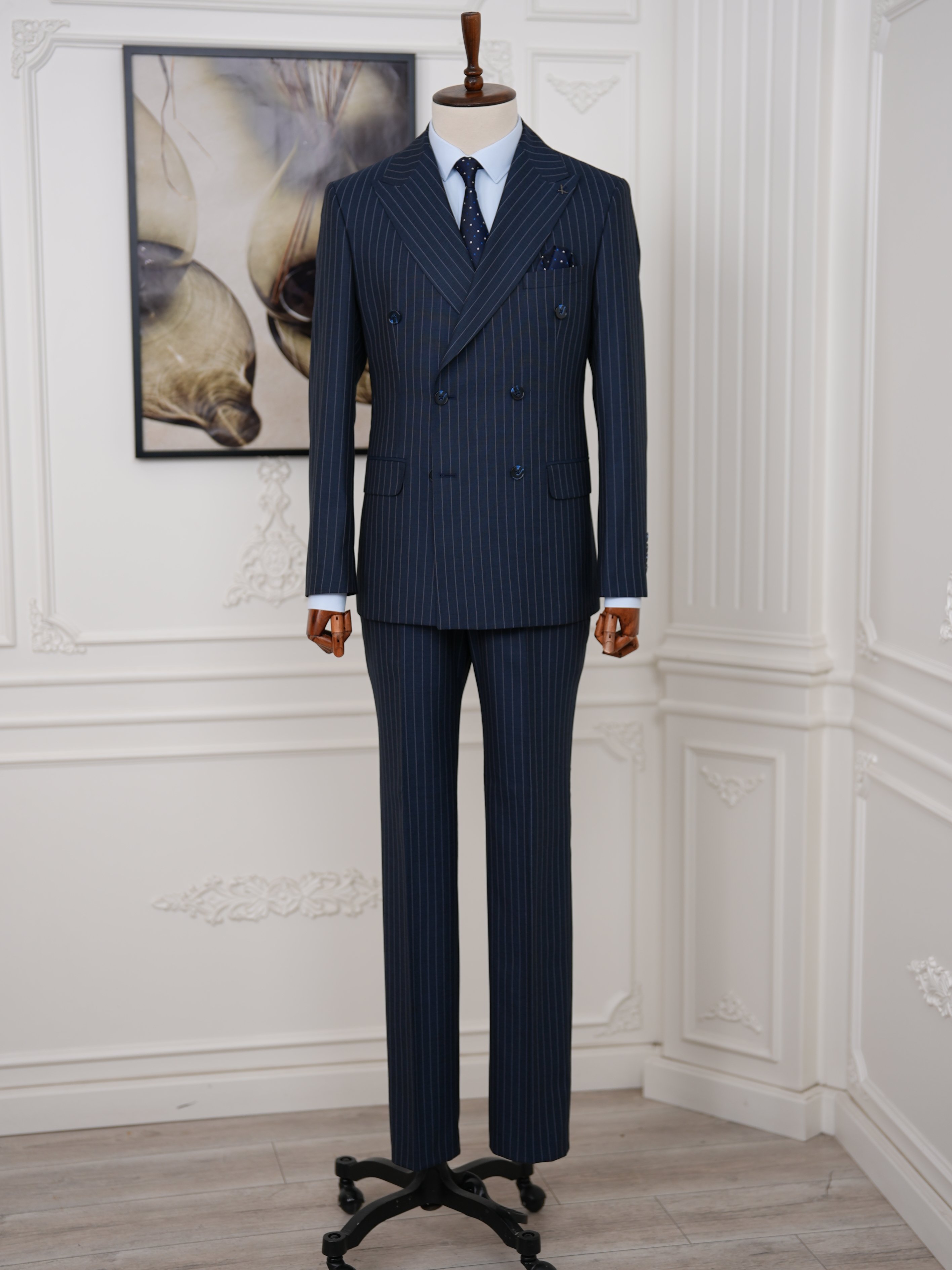Premium Erkek Slim Fit İtalyan Stil Yarım Astarlı Çizgili Kruvaze Takım Elbise Ceket Pantolon - İndigo