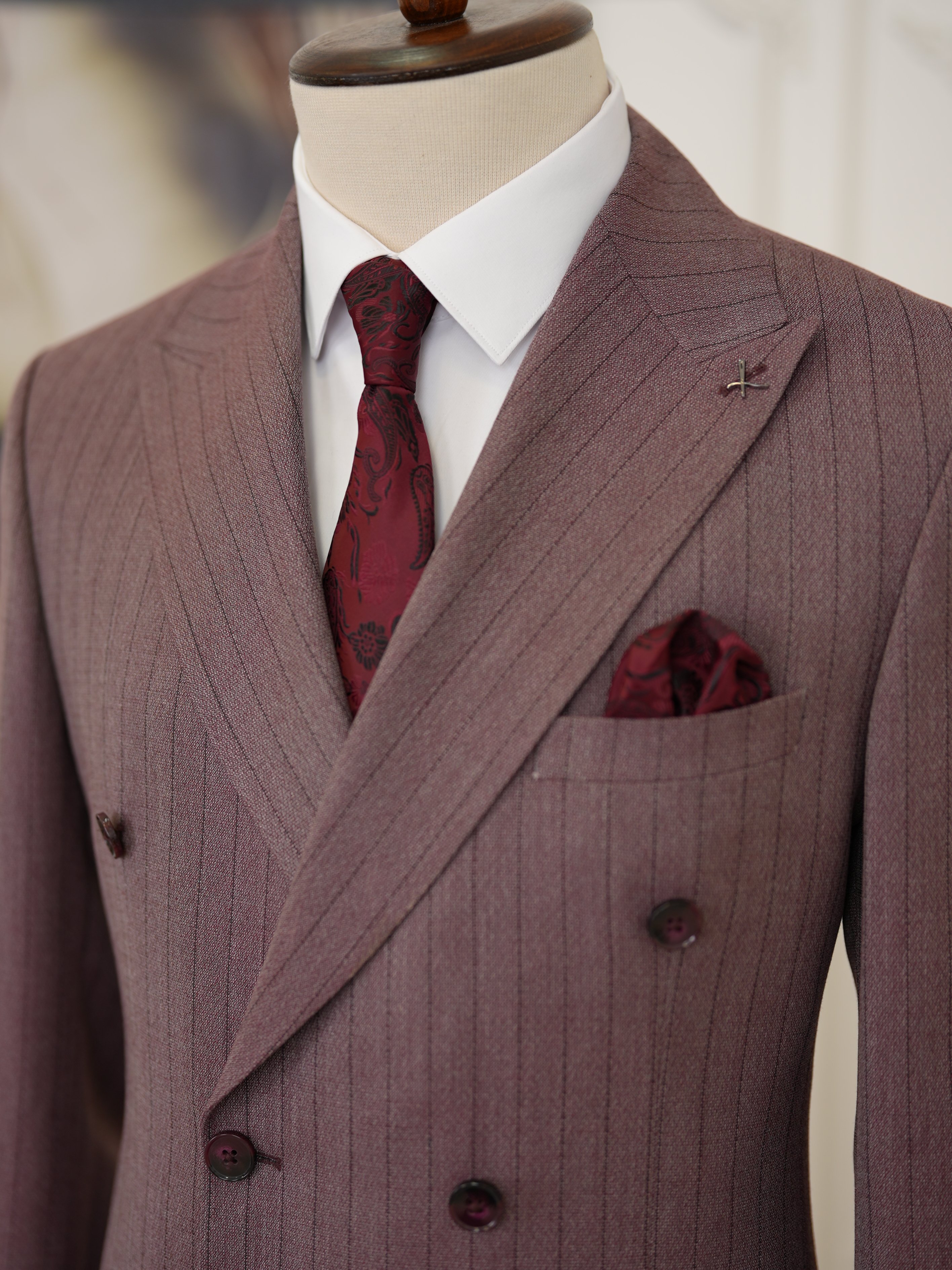 Premium Erkek Slim Fit İtalyan Stil Yarım Astarlı Çizgiliı Kruvaze Takım Elbise Ceket Pantolon - Mürdüm