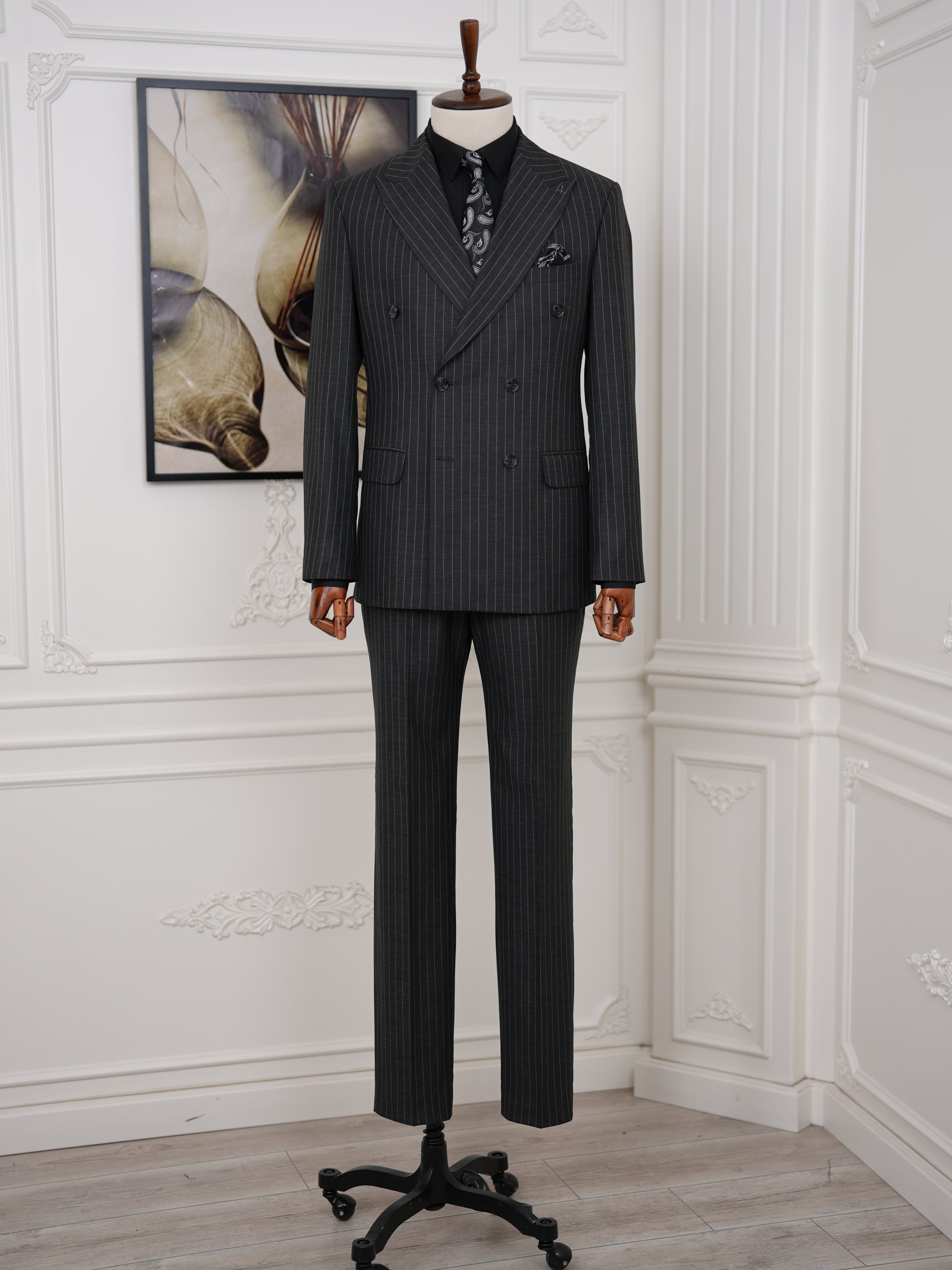 Premium Erkek Slim Fit İtalyan Stil Yarım Astarlı Çizgili Kruvaze Takım Elbise Ceket Pantolon - Antrasit