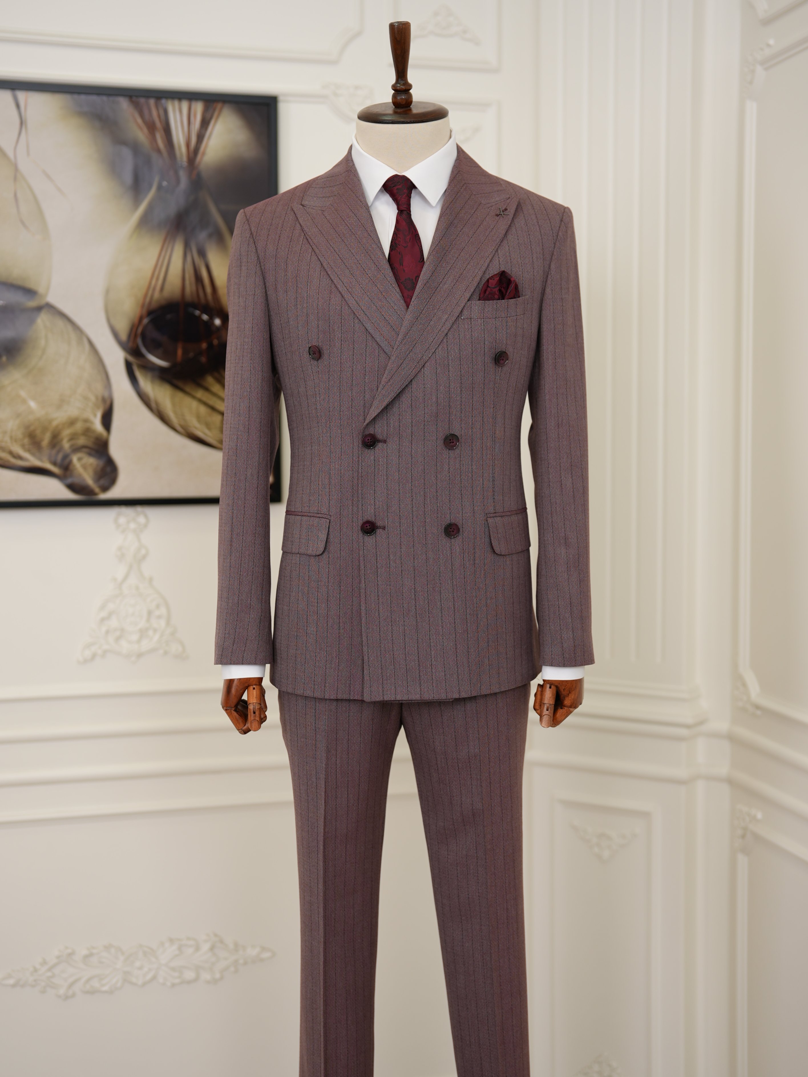 Premium Erkek Slim Fit İtalyan Stil Yarım Astarlı Çizgiliı Kruvaze Takım Elbise Ceket Pantolon - Mürdüm