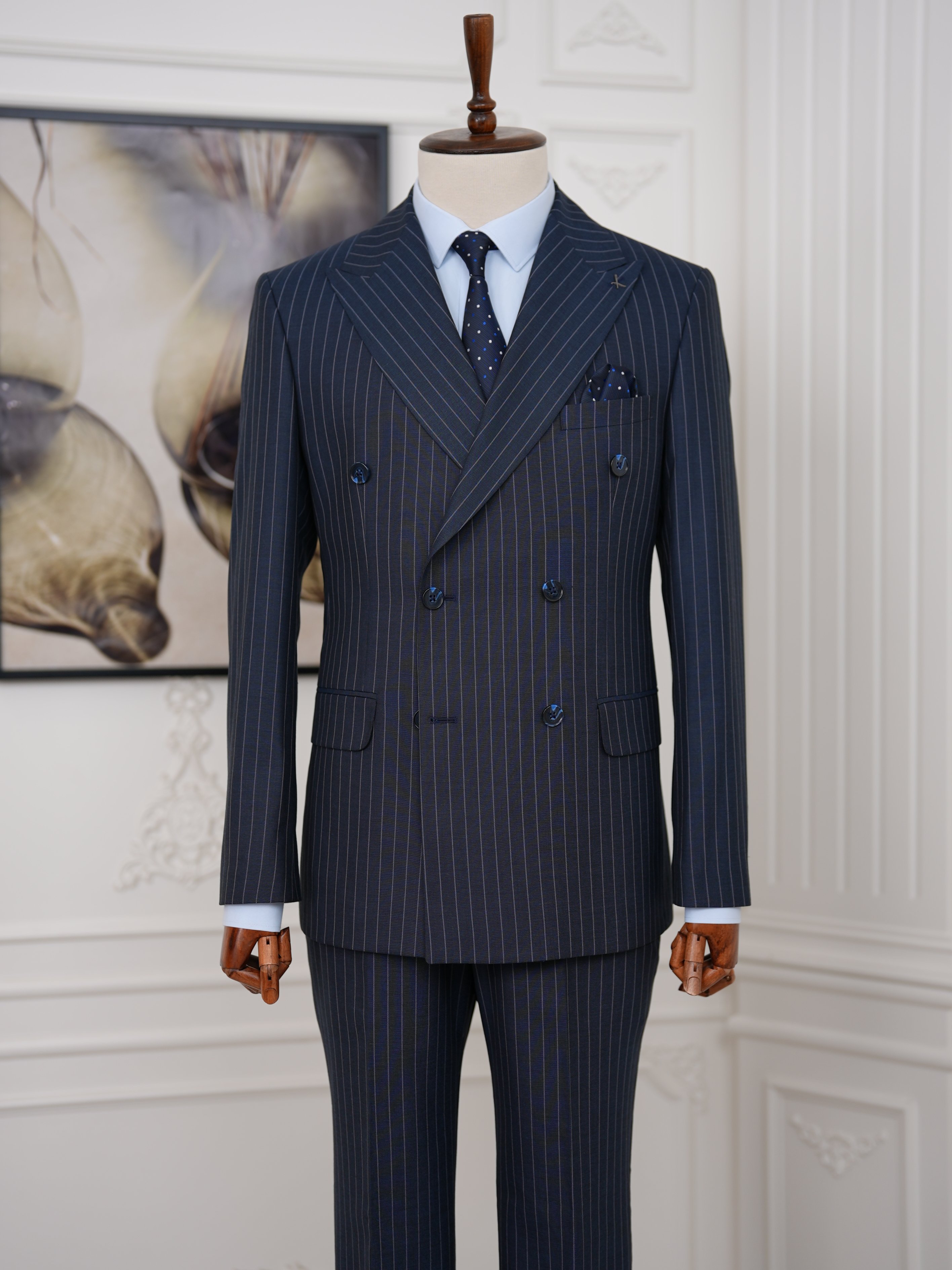 Premium Erkek Slim Fit İtalyan Stil Yarım Astarlı Çizgili Kruvaze Takım Elbise Ceket Pantolon - İndigo