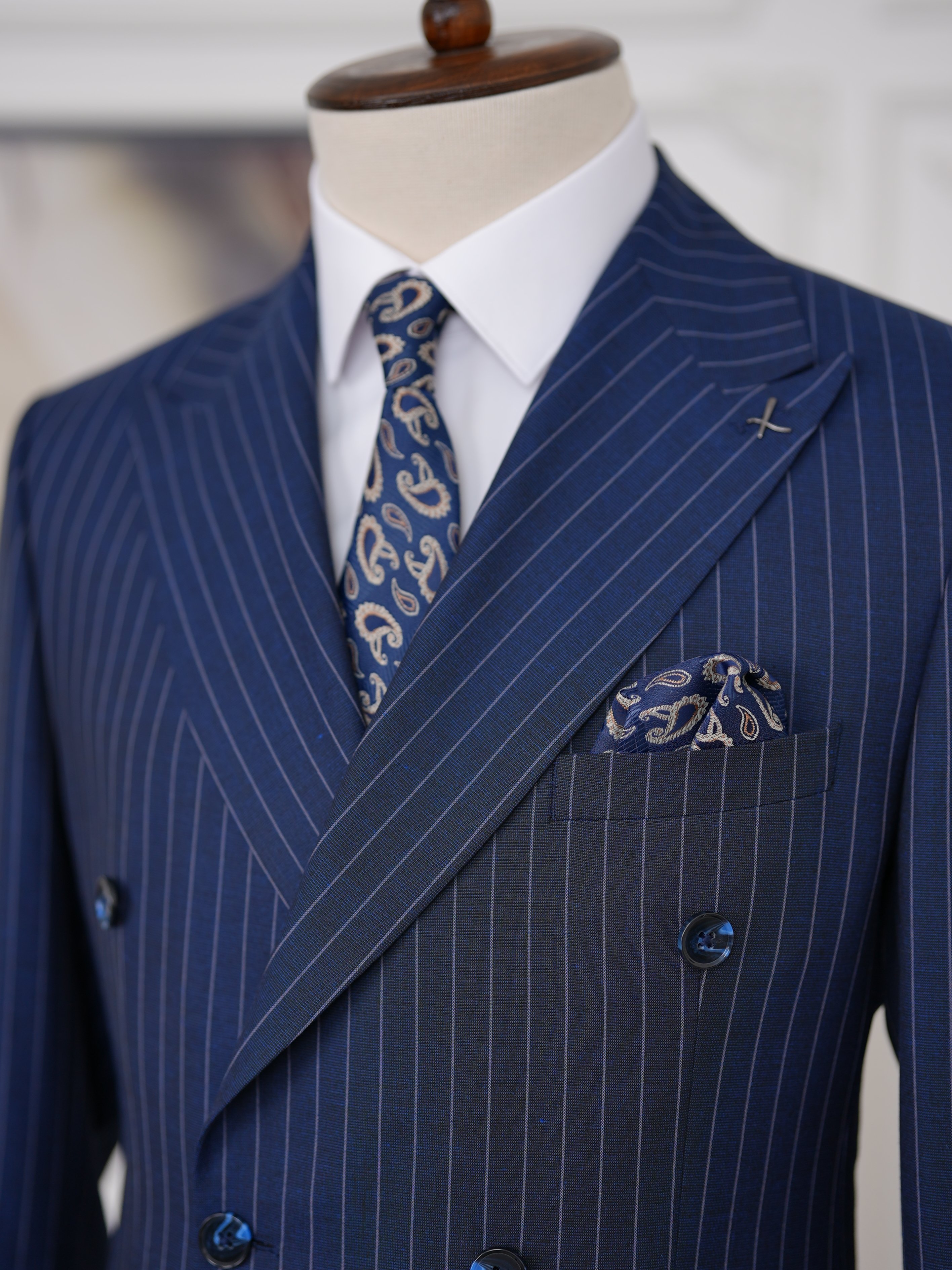 Premium Erkek Slim Fit İtalyan Stil Yarım Astarlı Çizgili Kruvaze Takım Elbise Ceket Pantolon - Saks Mavisi