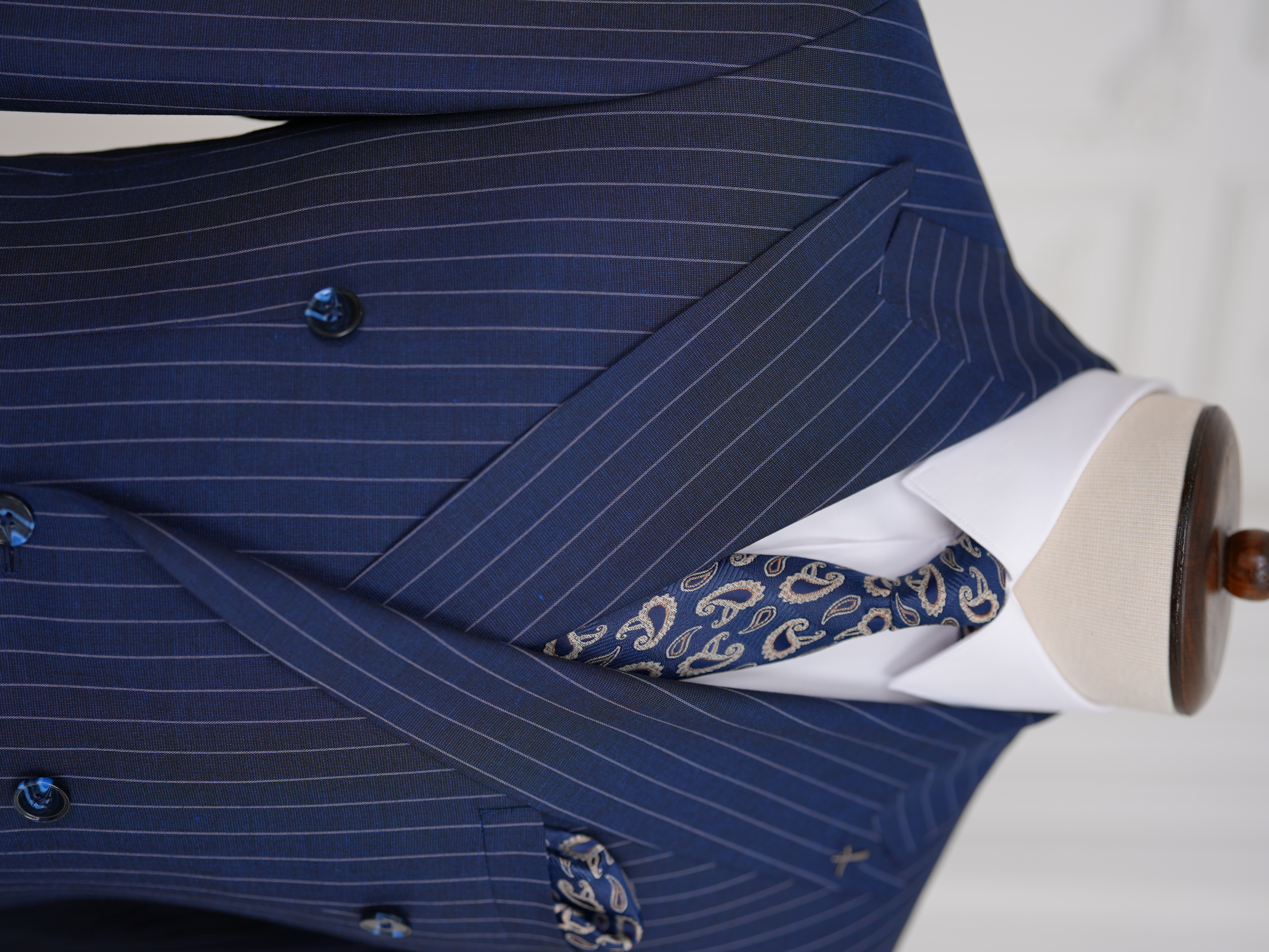 Premium Erkek Slim Fit İtalyan Stil Yarım Astarlı Çizgili Kruvaze Takım Elbise Ceket Pantolon - Saks Mavisi