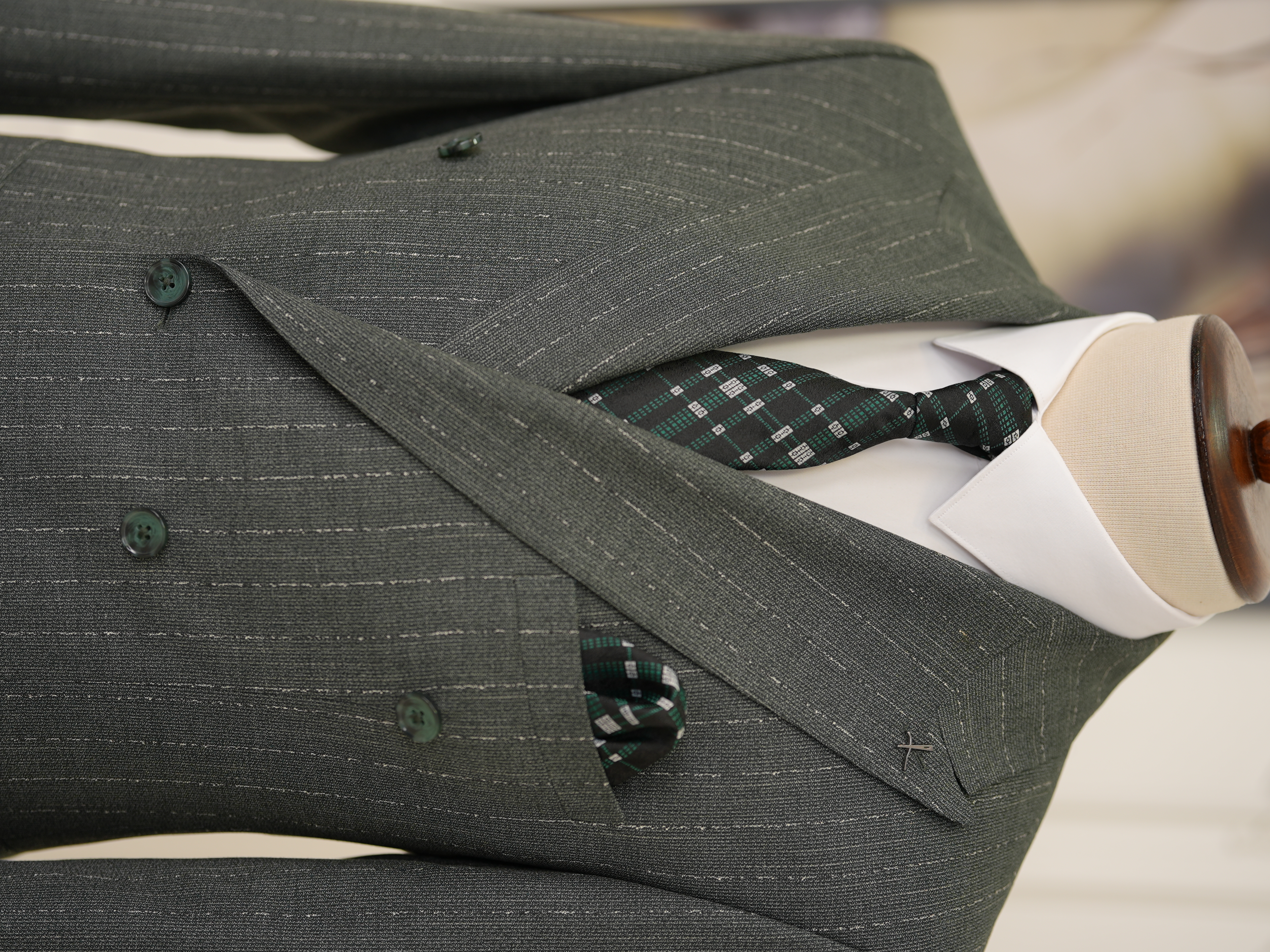 Premium Erkek Slim Fit İtalyan Stil Yarım Astarlı Çizgiliı Kruvaze Takım Elbise Ceket Pantolon - Yeşil