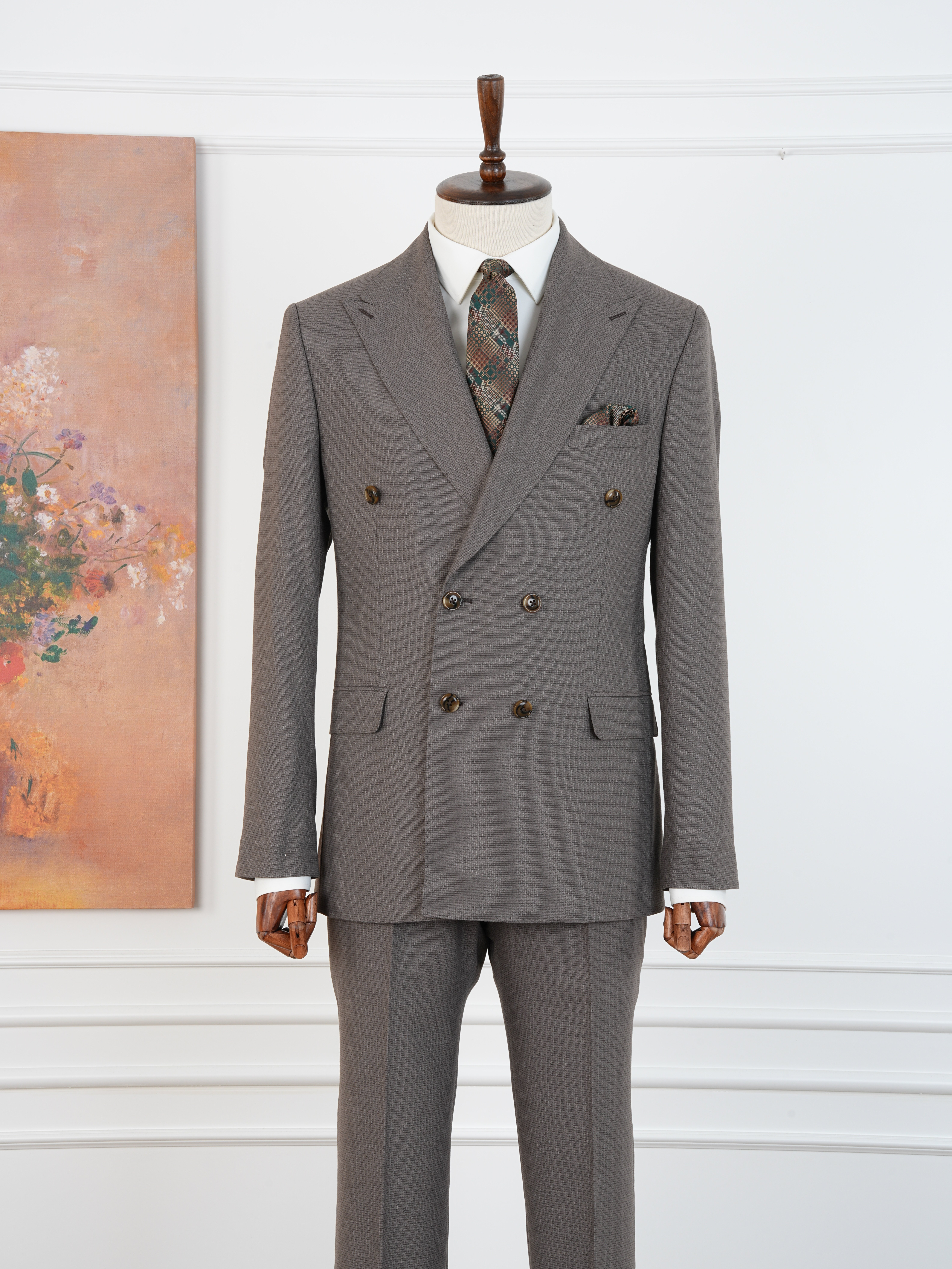 Premium Erkek Slim Fit İtalyan Stil Yarım Astarlı Kırcıllı Kruvaze Takım Elbise - Sütlü Kahve