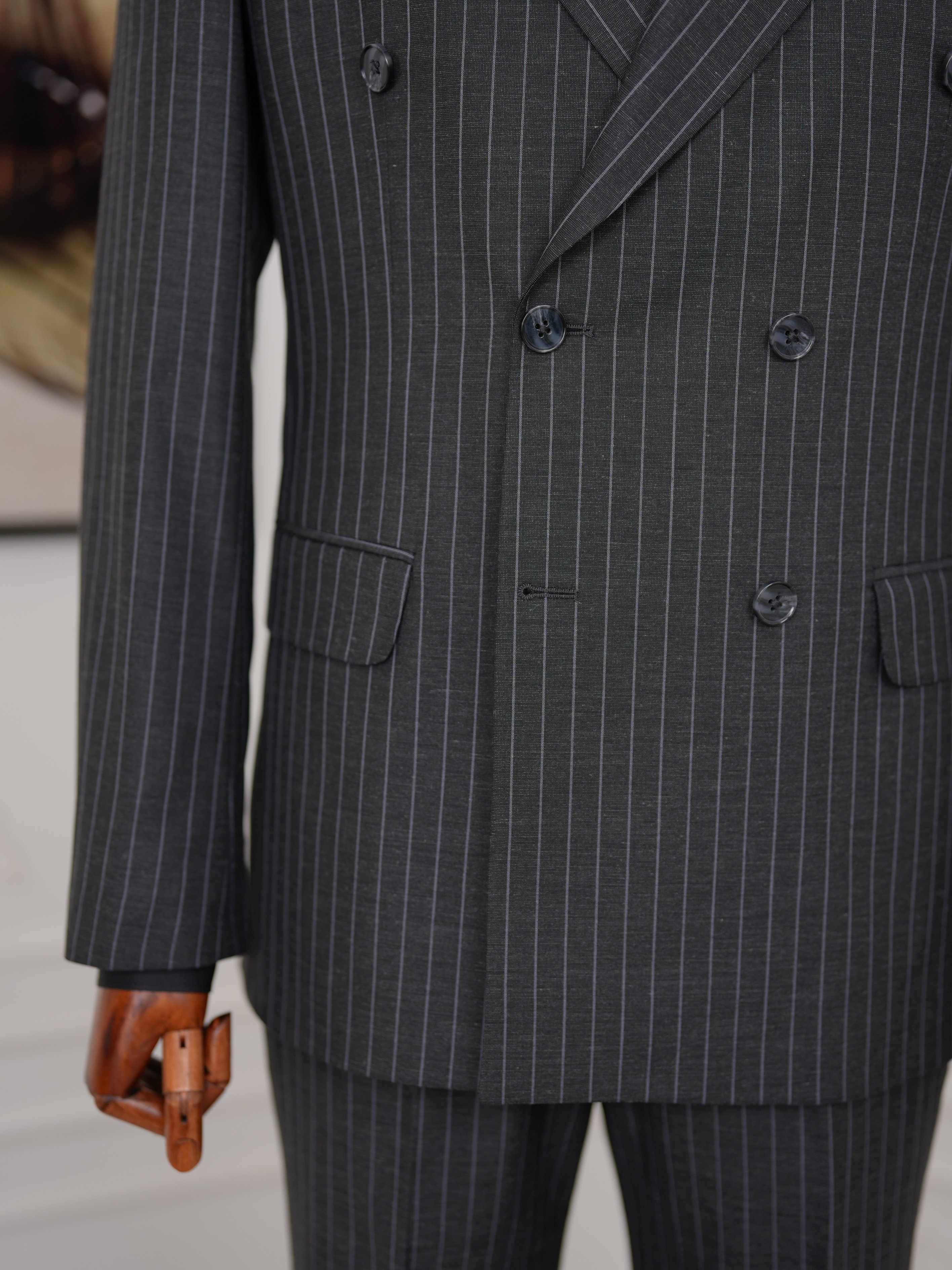 Premium Erkek Slim Fit İtalyan Stil Yarım Astarlı Çizgili Kruvaze Takım Elbise Ceket Pantolon - Antrasit
