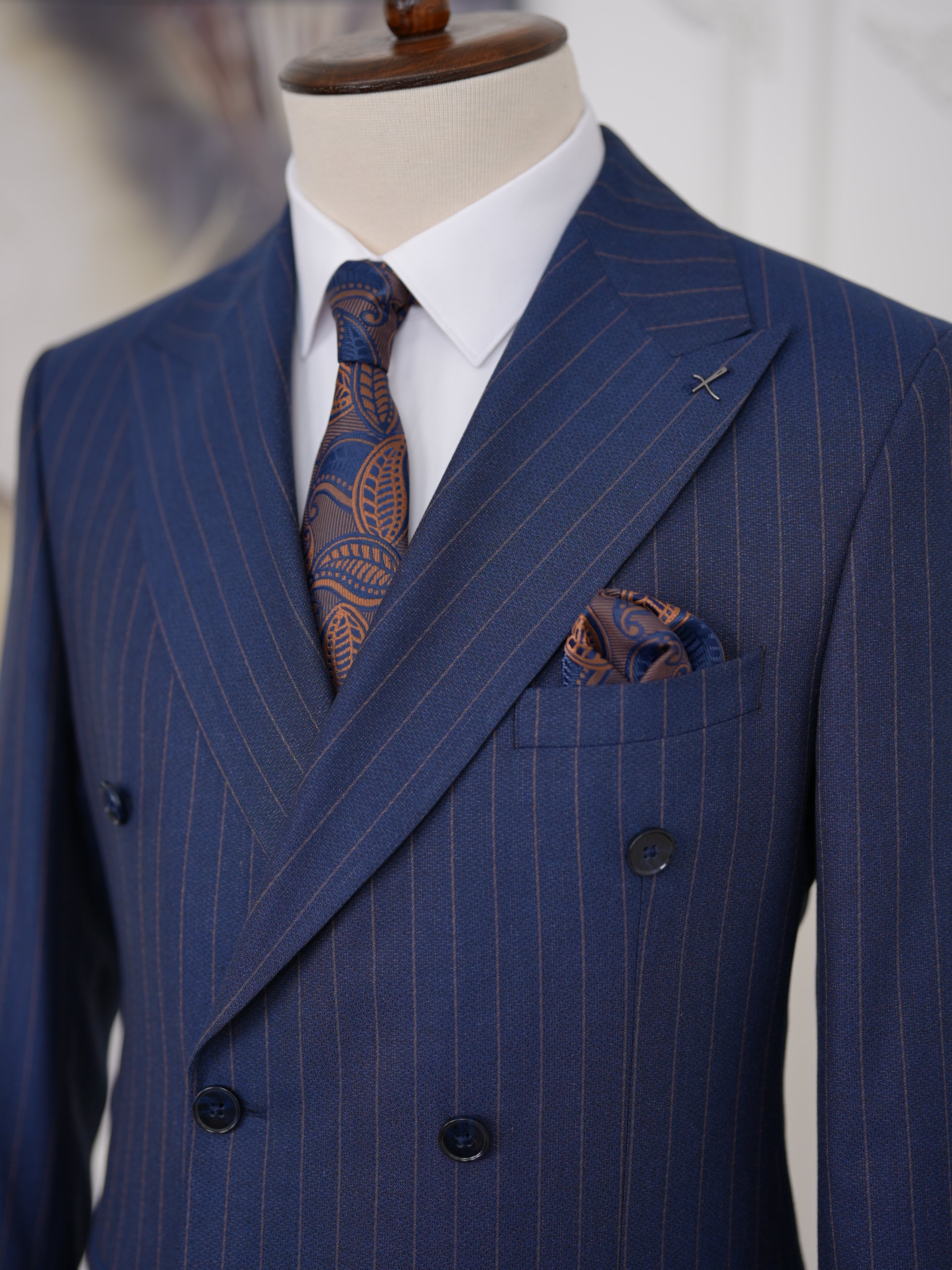 Premium Erkek Slim Fit İtalyan Stil Yarım Astarlı Çizgili Kruvaze Takım Elbise Ceket Pantolon - Lacivert