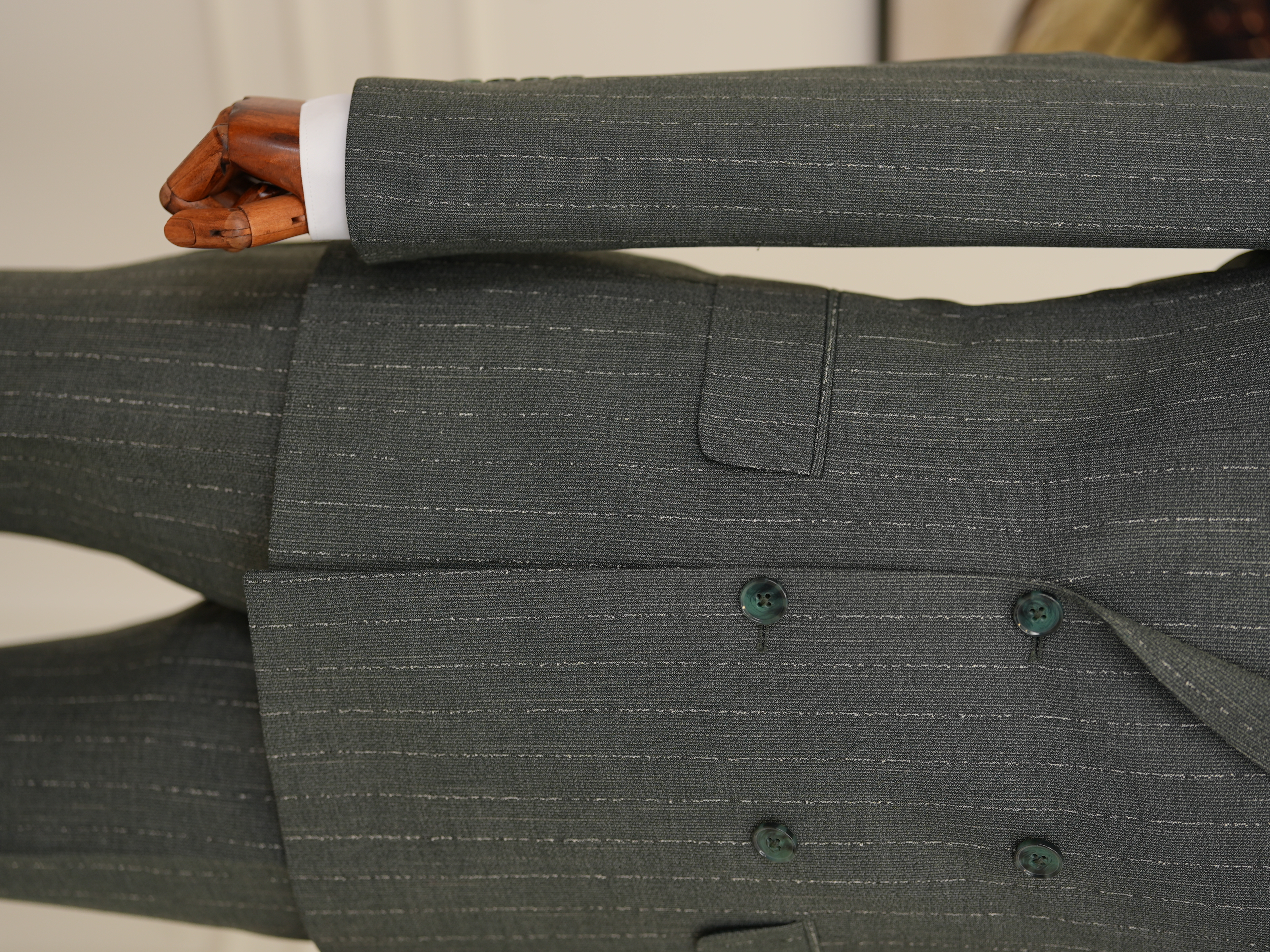 Premium Erkek Slim Fit İtalyan Stil Yarım Astarlı Çizgiliı Kruvaze Takım Elbise Ceket Pantolon - Yeşil