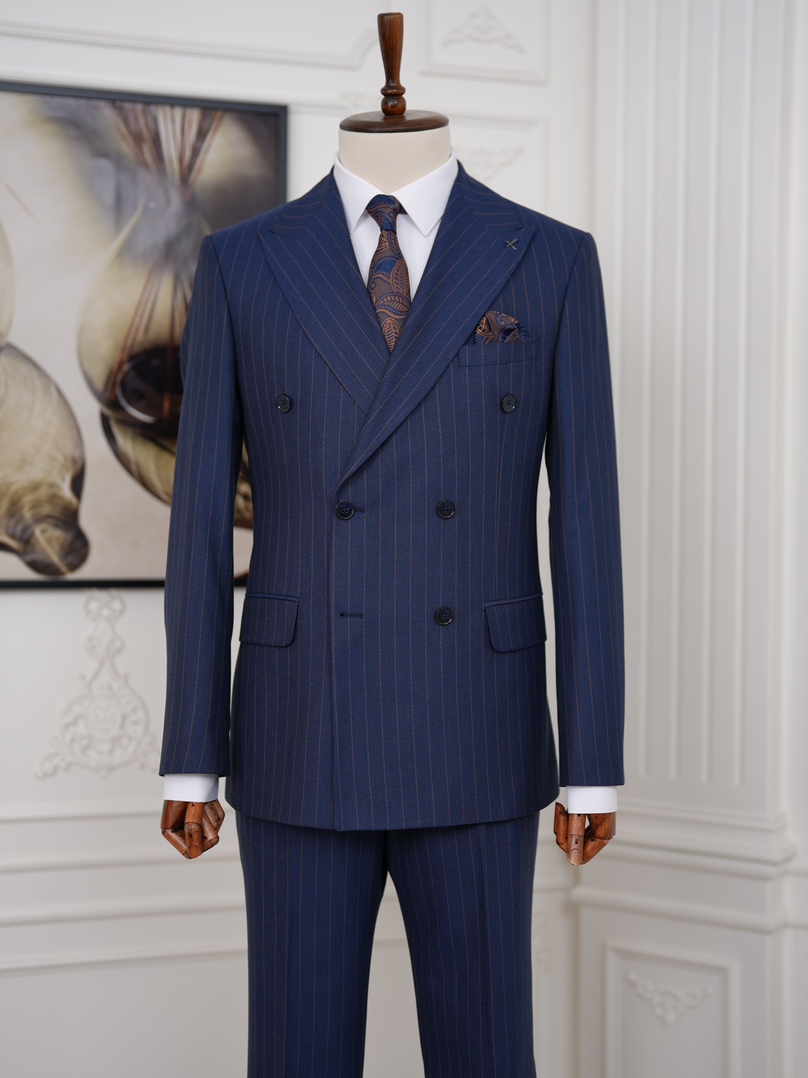 Premium Erkek Slim Fit İtalyan Stil Yarım Astarlı Çizgili Kruvaze Takım Elbise Ceket Pantolon - Lacivert