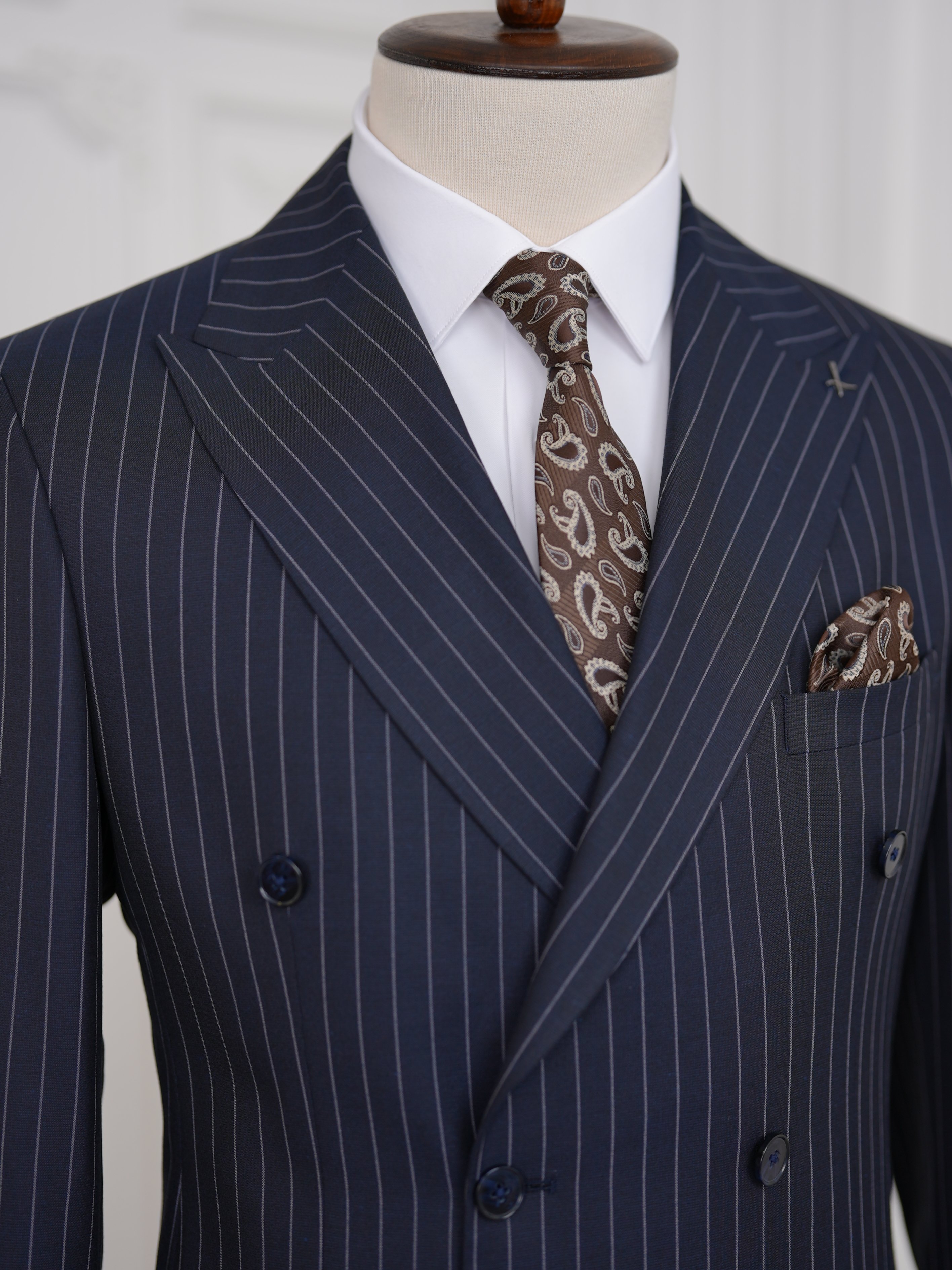 Premium Erkek Slim Fit İtalyan Stil Yarım Astarlı Çizgili Kruvaze Takım Elbise Ceket Pantolon - Koyu Lacivert