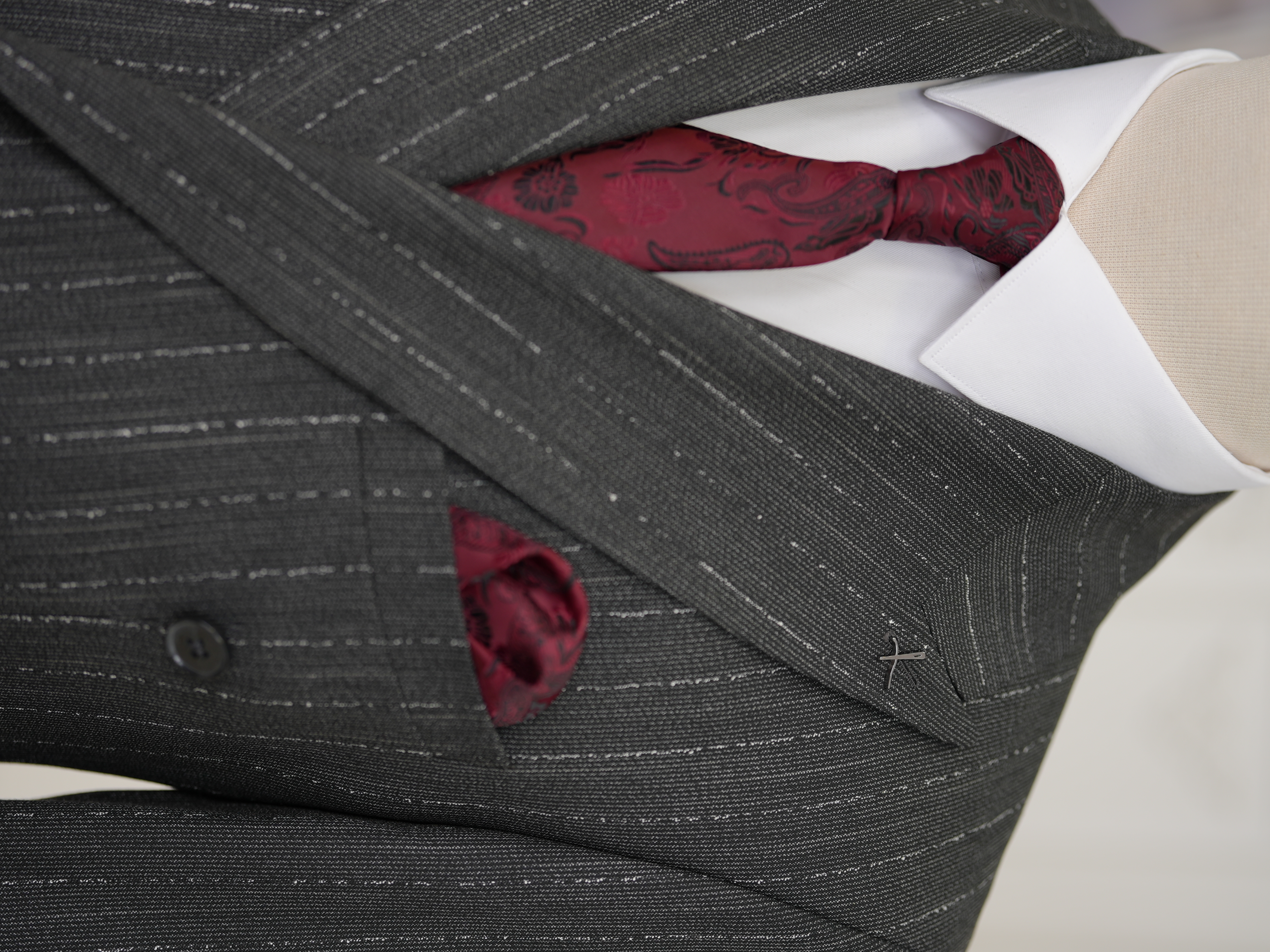 Premium Erkek Slim Fit İtalyan Stil Yarım Astarlı Çizgiliı Kruvaze Takım Elbise Ceket Pantolon - Antrasit