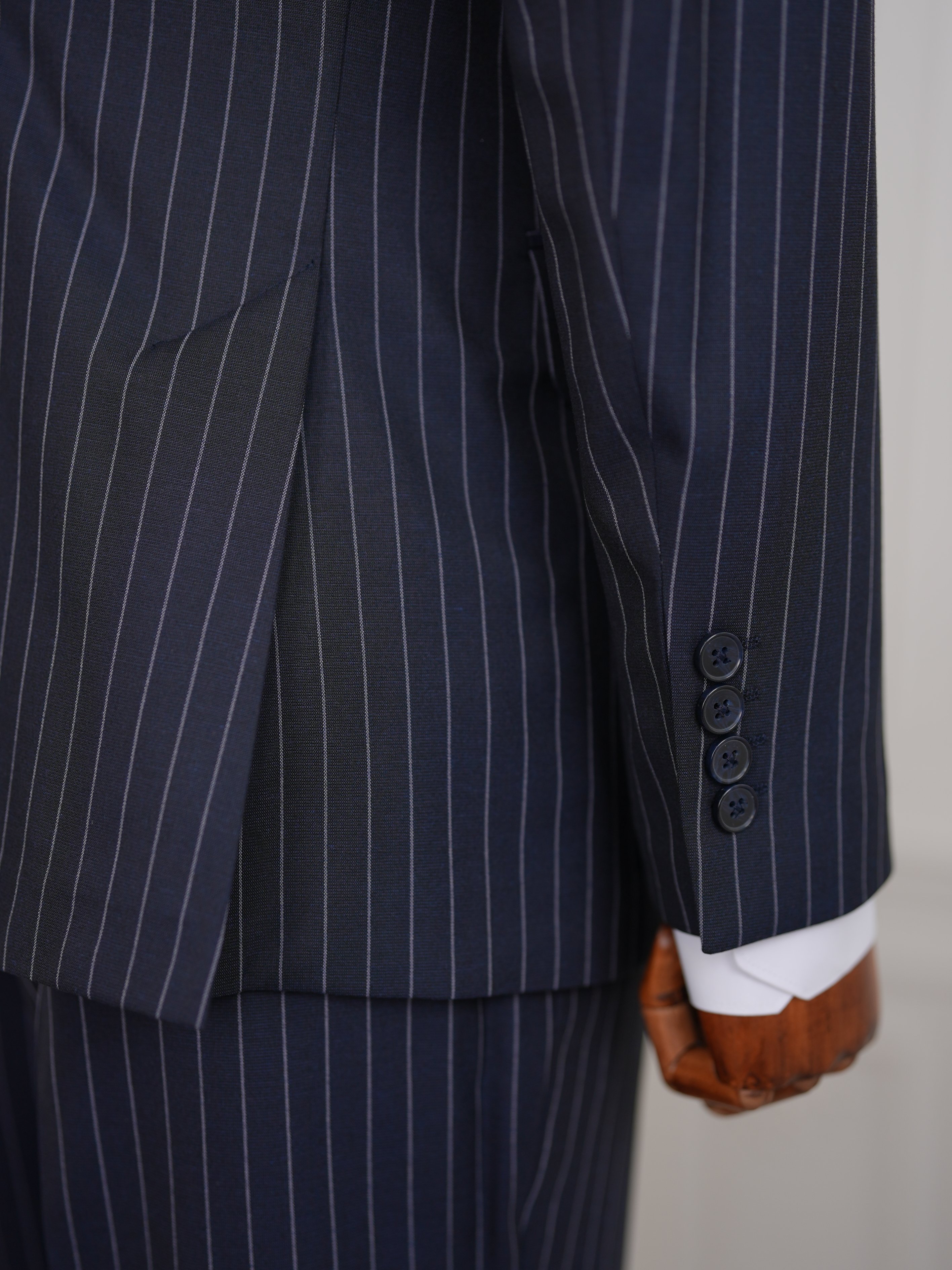 Premium Erkek Slim Fit İtalyan Stil Yarım Astarlı Çizgili Kruvaze Takım Elbise Ceket Pantolon - Koyu Lacivert