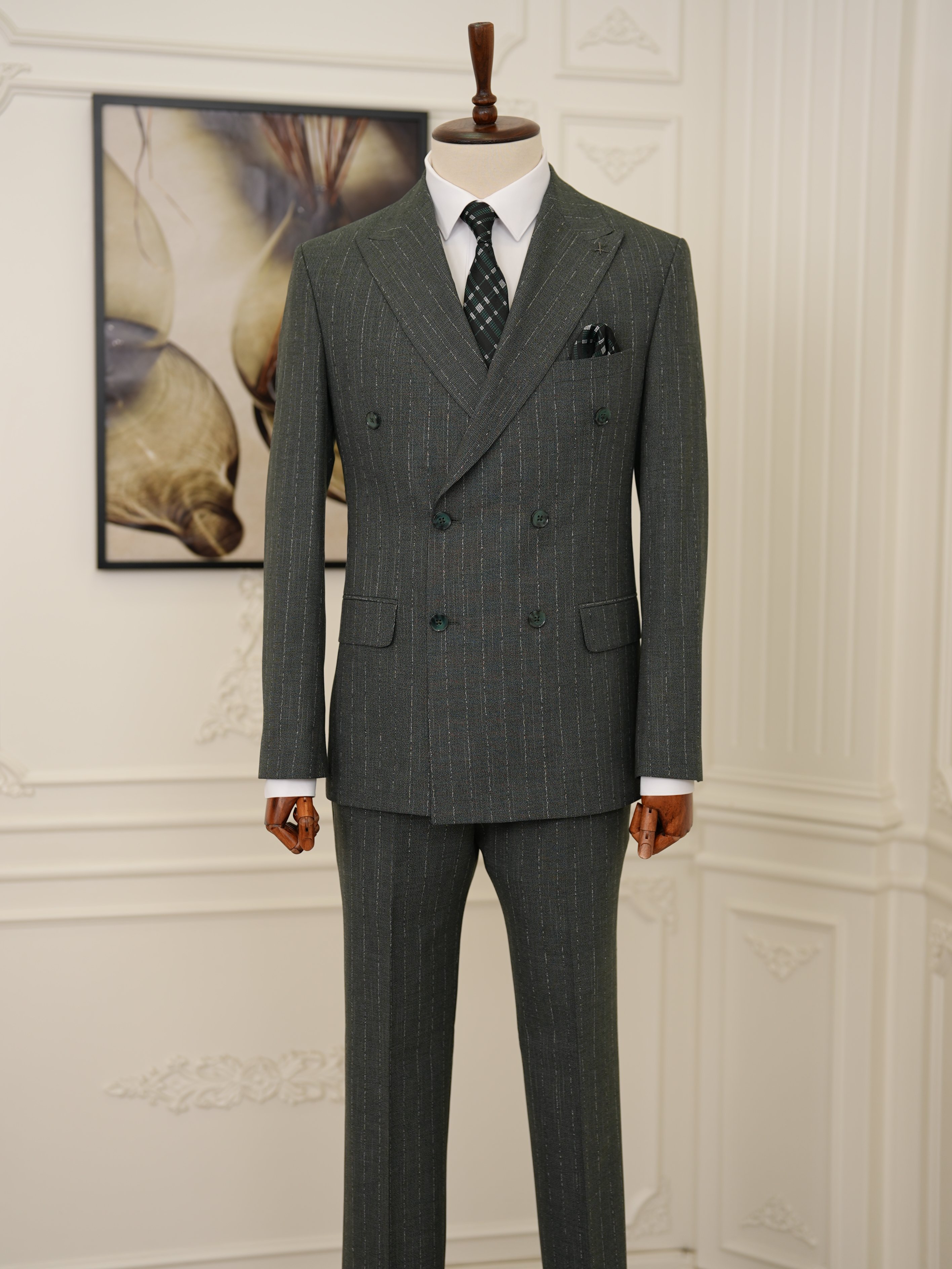 Premium Erkek Slim Fit İtalyan Stil Yarım Astarlı Çizgiliı Kruvaze Takım Elbise Ceket Pantolon - Yeşil