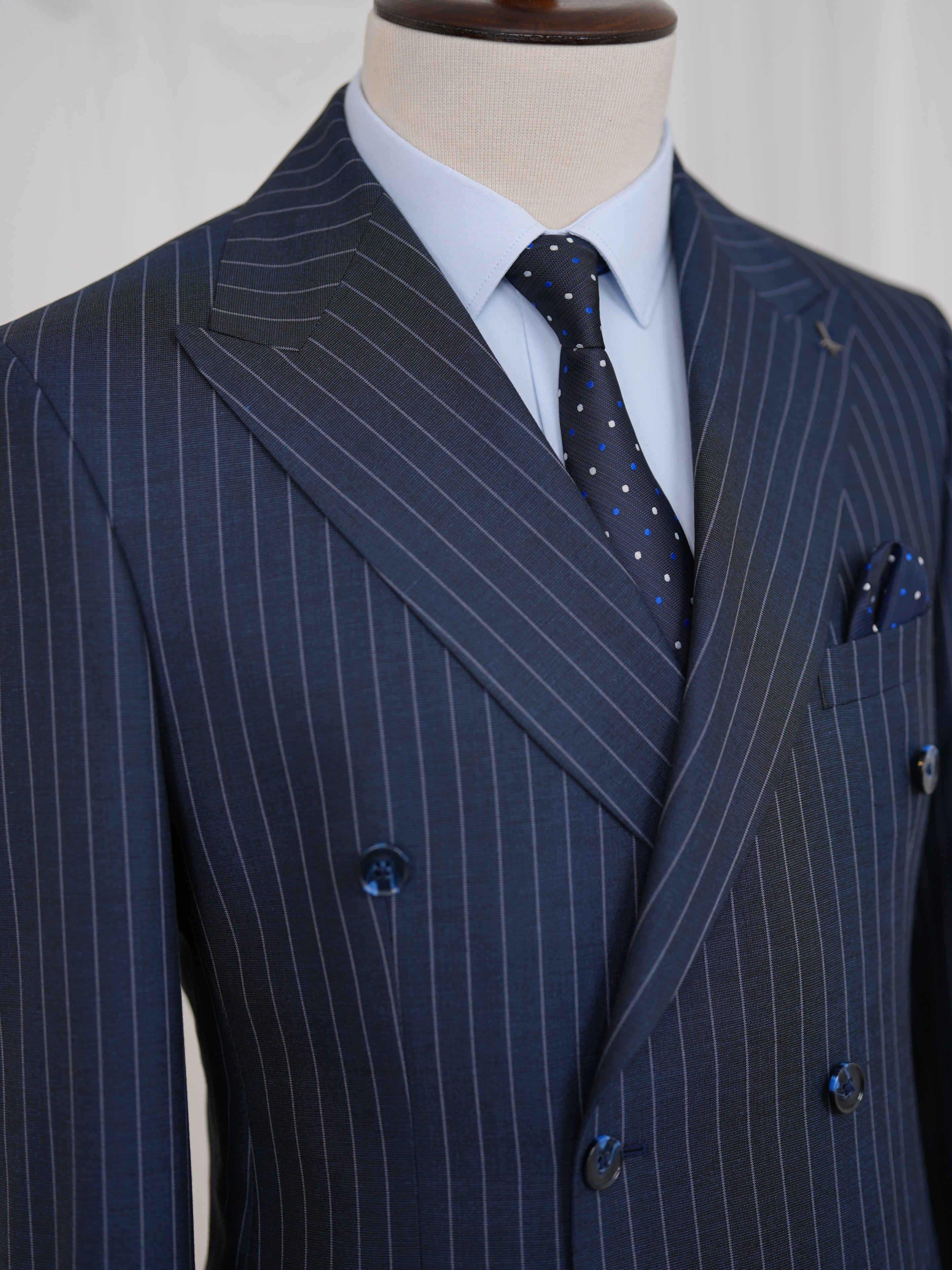 Premium Erkek Slim Fit İtalyan Stil Yarım Astarlı Çizgili Kruvaze Takım Elbise Ceket Pantolon - İndigo