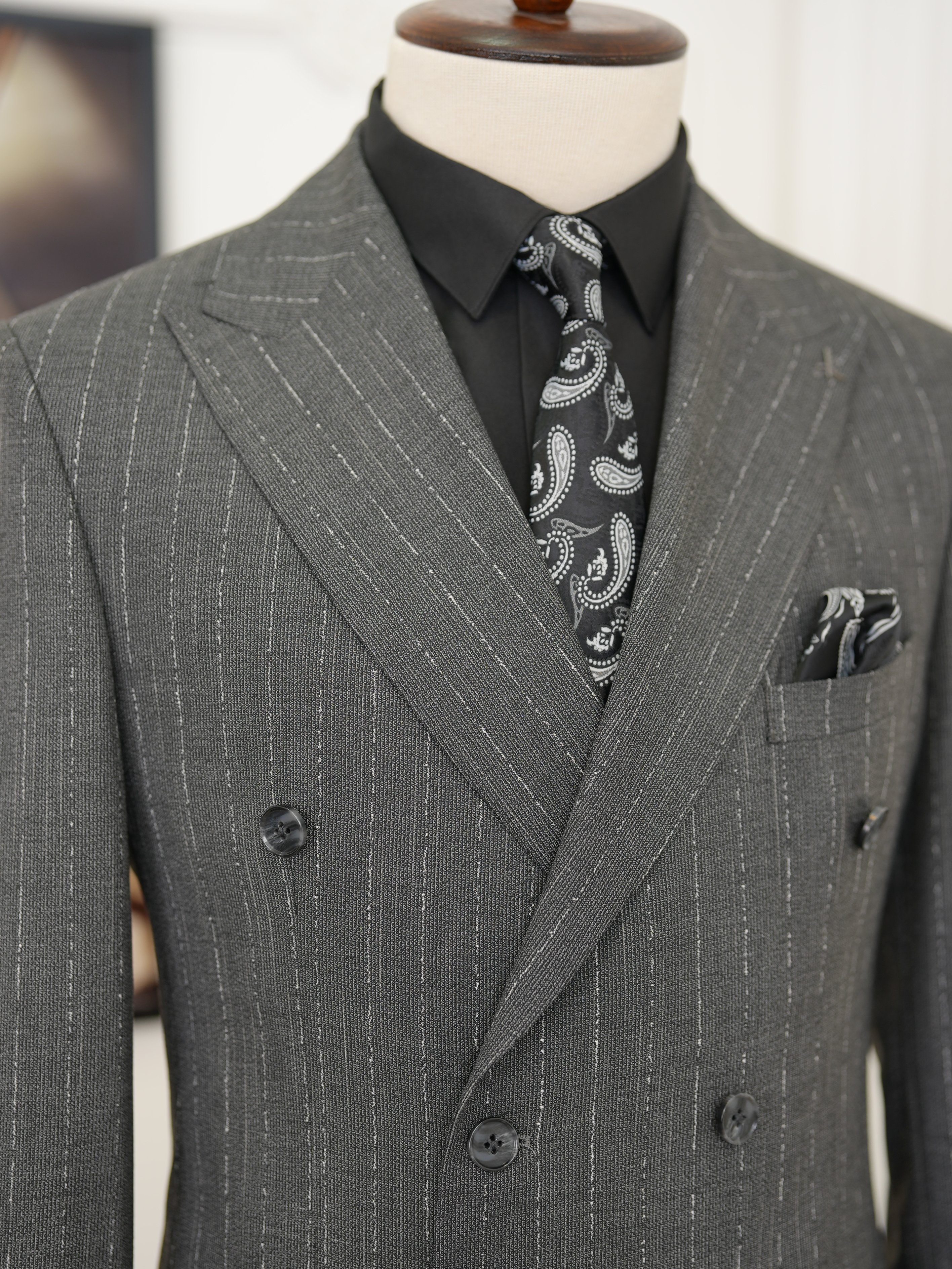 Premium Mens Slim Fit Italian Style Half-Lined Striped Double-Breasted Suit Jacket and Trousers - Grey