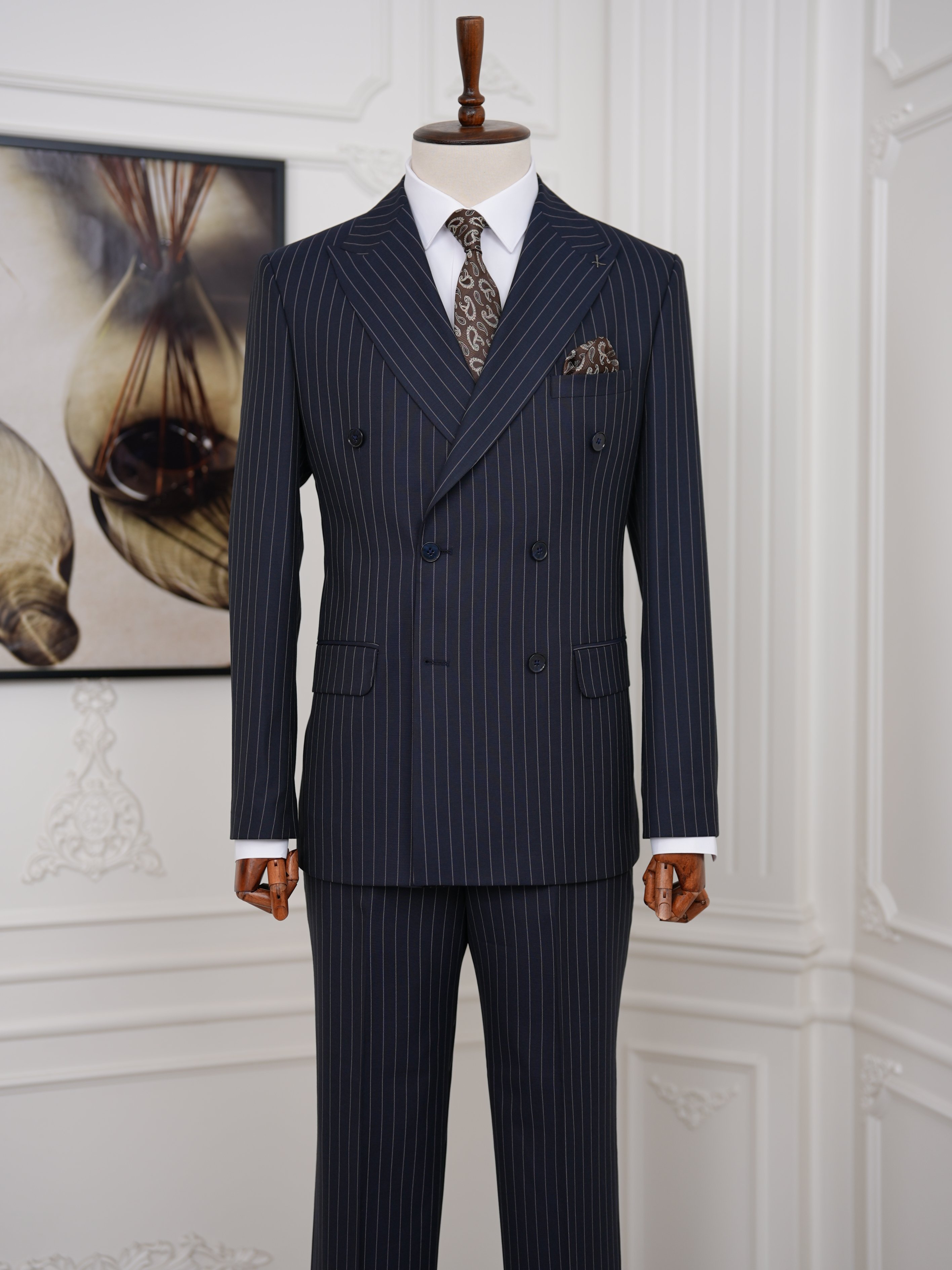 Premium Erkek Slim Fit İtalyan Stil Yarım Astarlı Çizgili Kruvaze Takım Elbise Ceket Pantolon - Koyu Lacivert
