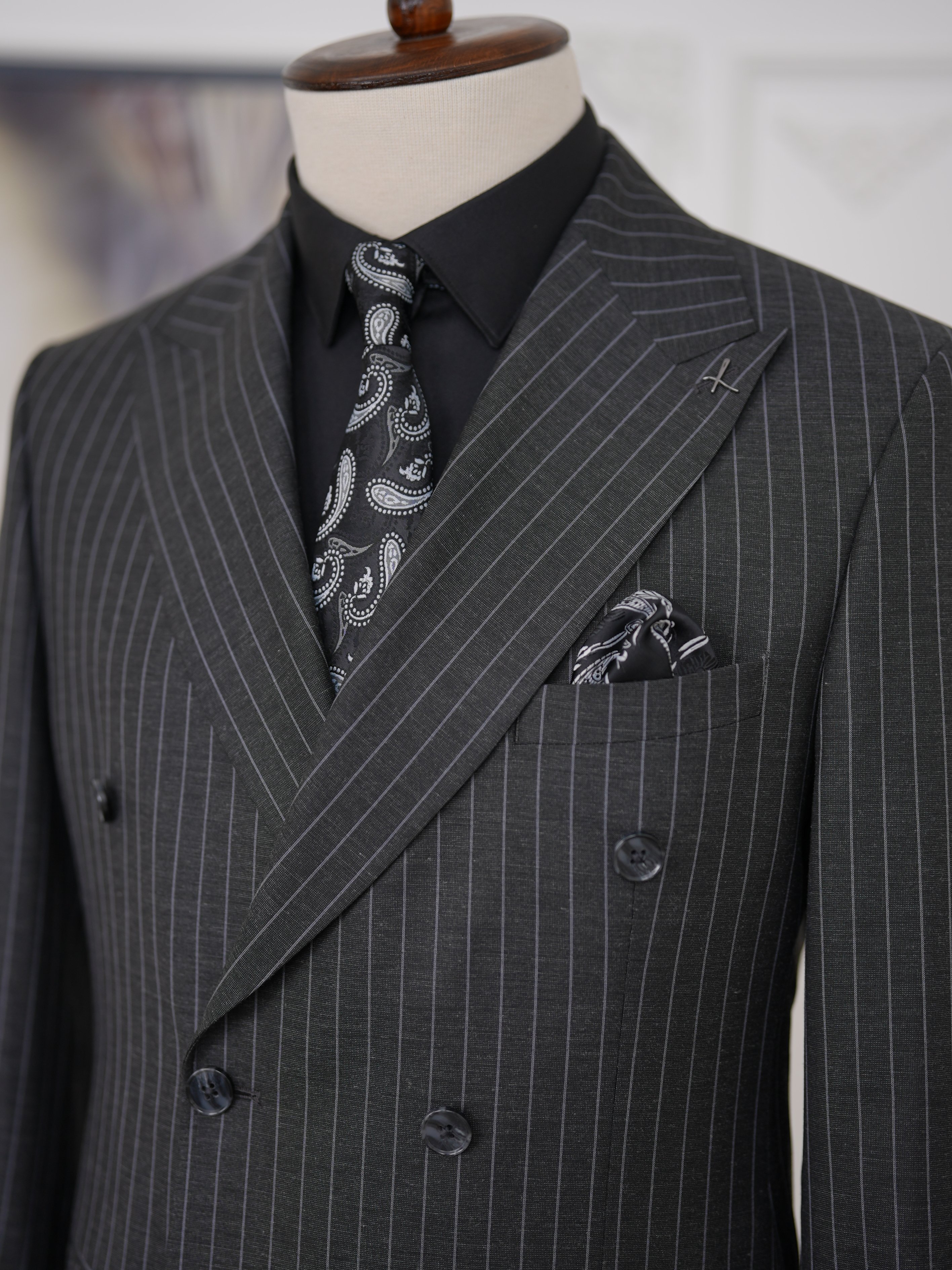 Premium Erkek Slim Fit İtalyan Stil Yarım Astarlı Çizgili Kruvaze Takım Elbise Ceket Pantolon - Antrasit