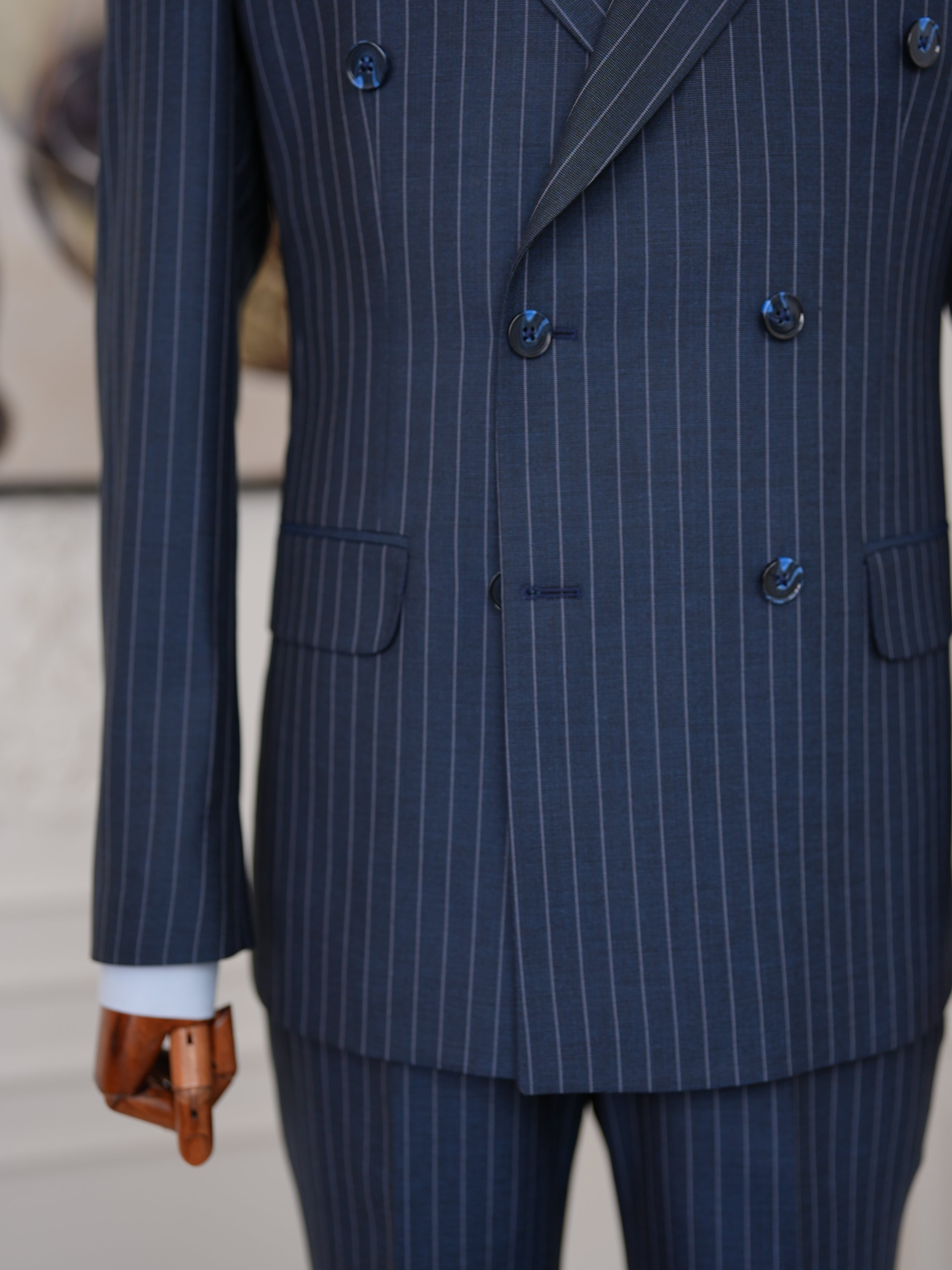 Premium Erkek Slim Fit İtalyan Stil Yarım Astarlı Çizgili Kruvaze Takım Elbise Ceket Pantolon - İndigo