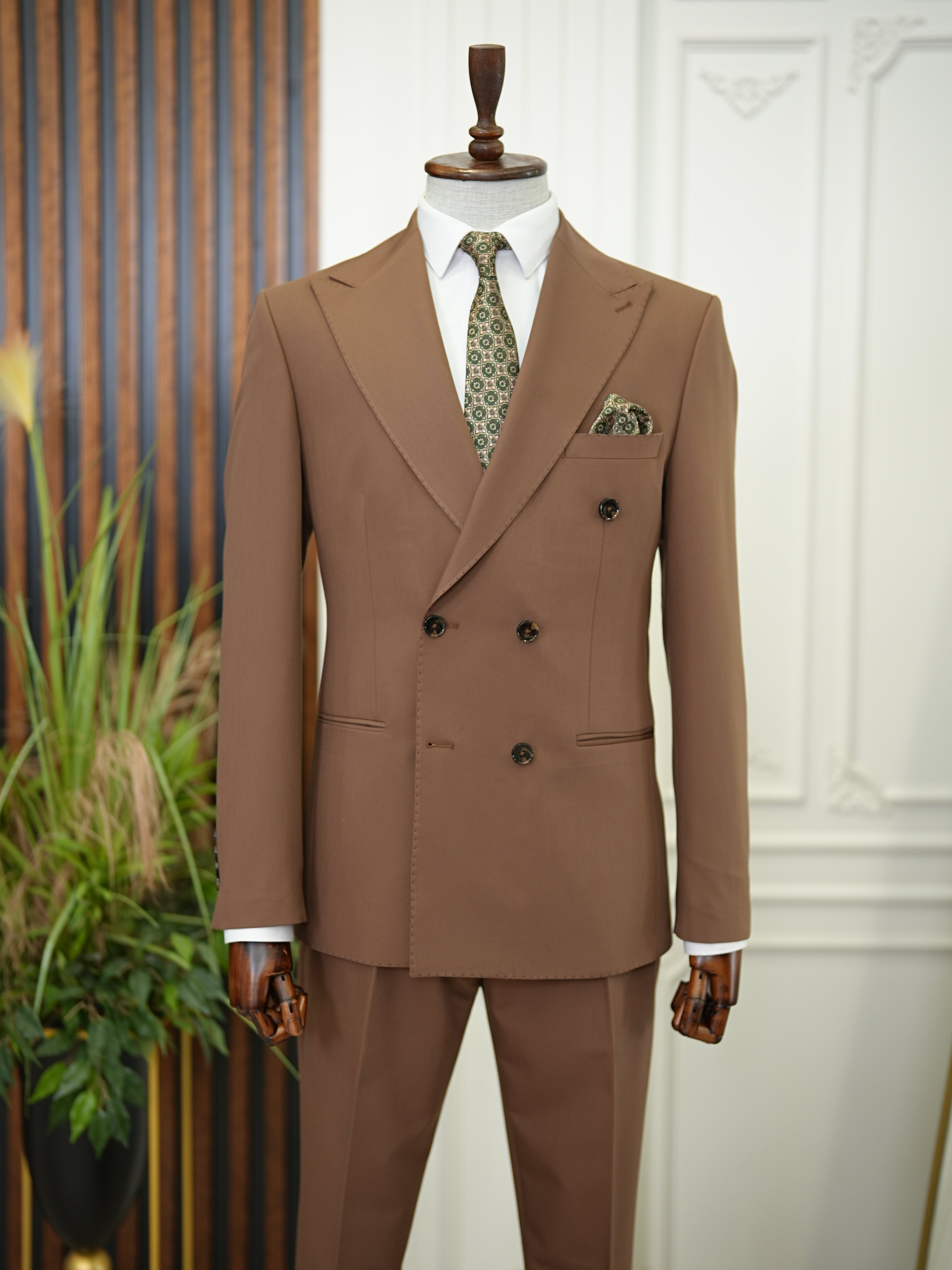 Premium Erkek Slim Fit İtayan Stil Modelli Pantolon Kruvaze Takım Elbise-Kahve