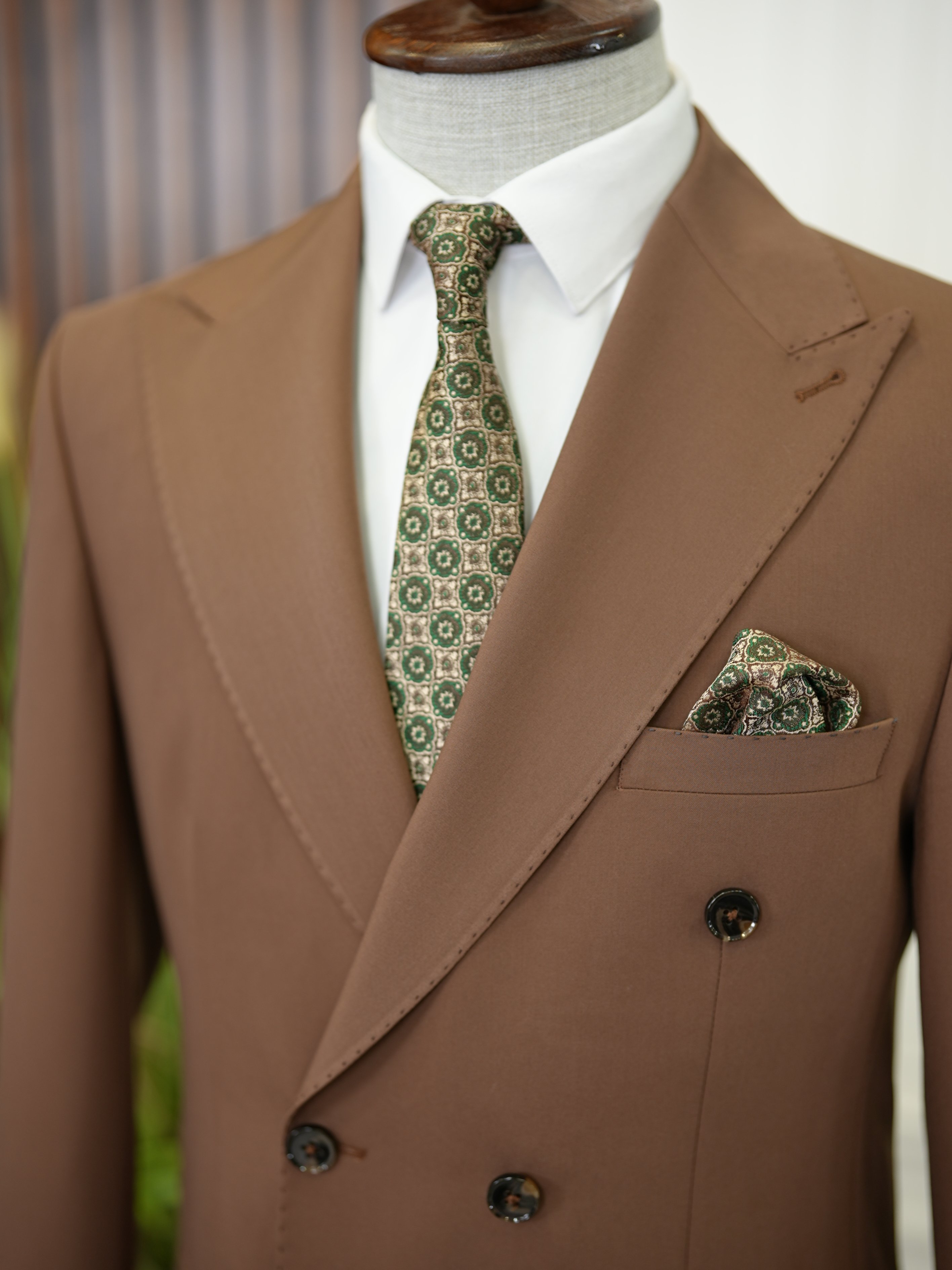 Premium Erkek Slim Fit İtayan Stil Modelli Pantolon Kruvaze Takım Elbise-Kahve