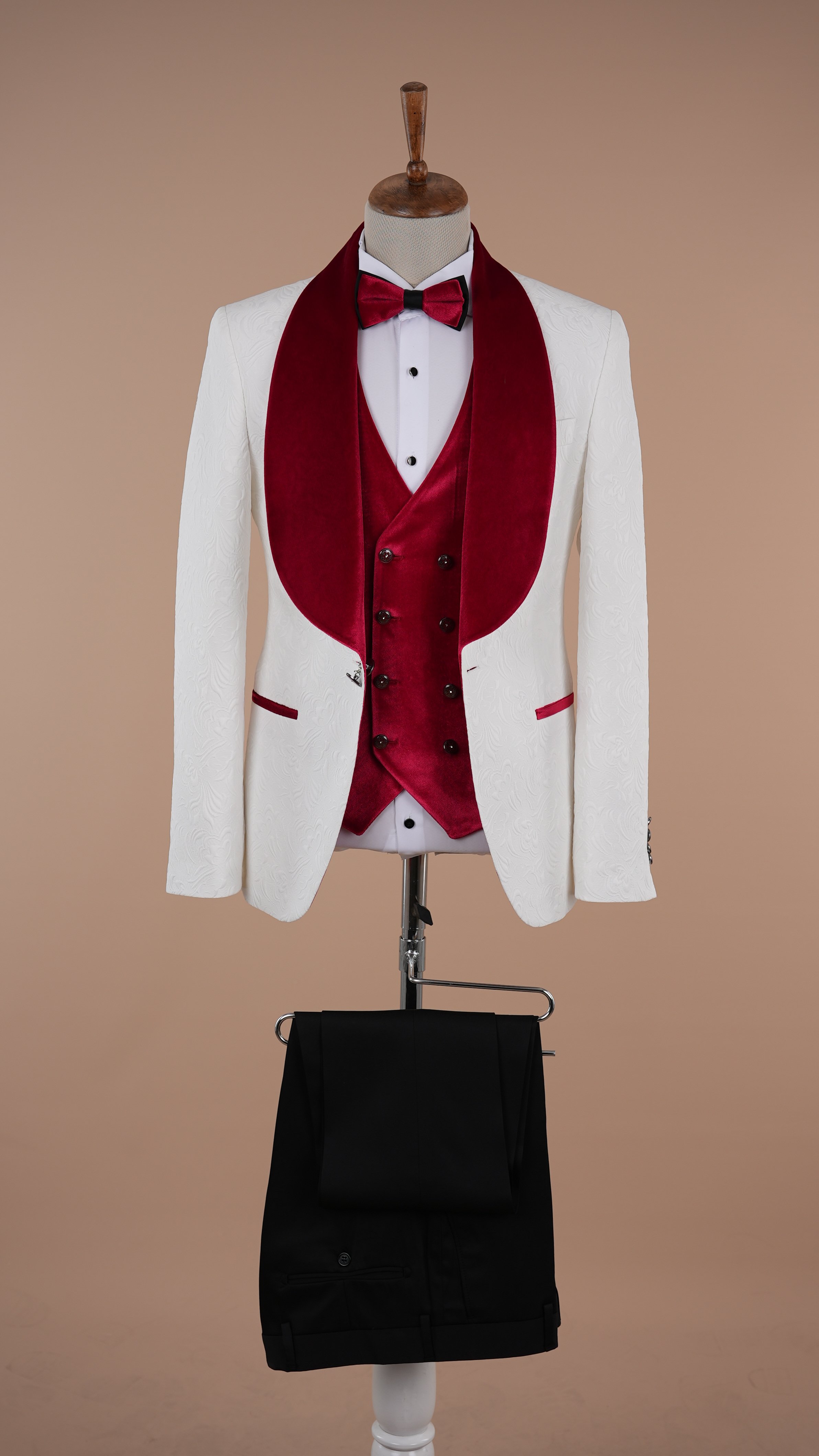 Premium Uomo Slim Fit Jacquard Fantasia Scialle Risvolto Bianco Giacca da smoking da sposo Gilet Pantaloni Papillon - Rosa
