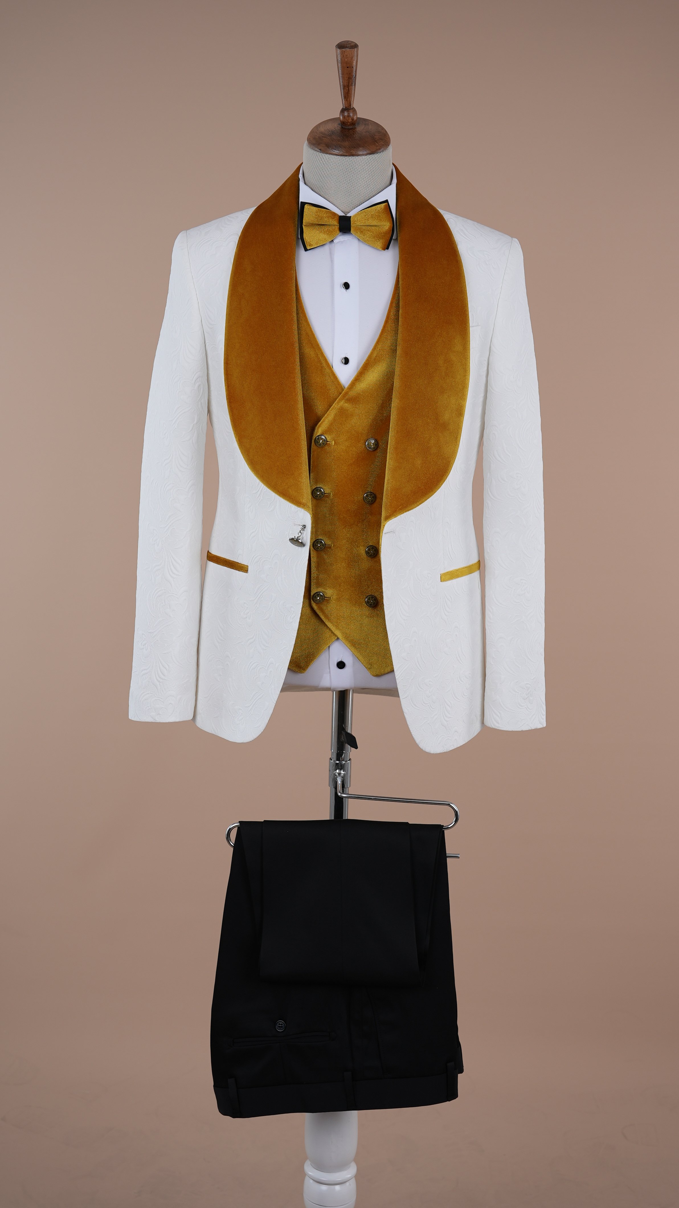 Premium Uomo Slim Fit Jacquard Fantasia Collo a scialle Bianco Giacca da smoking da sposo Gilet Pantaloni Papillon - Giallo