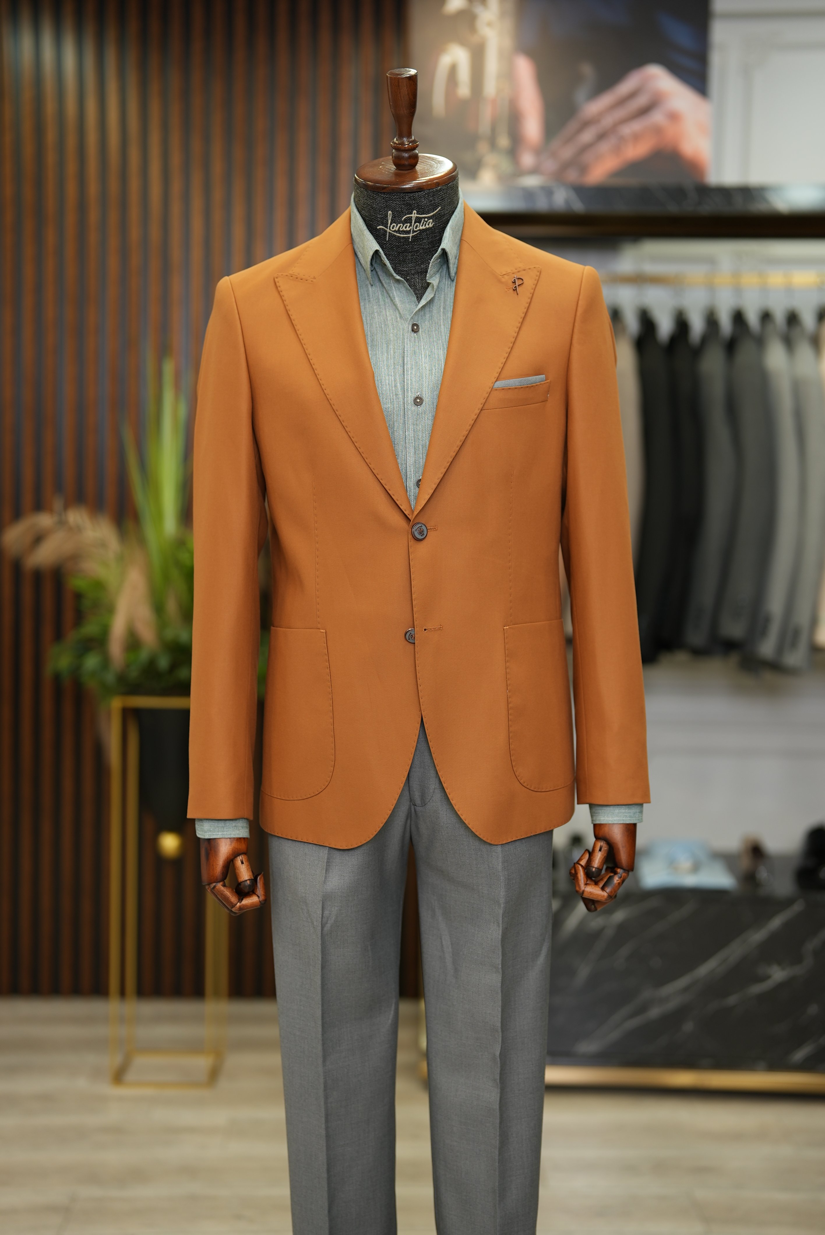 Pantaloni da giacca con tasca e tuta da uomo premium con cuciture a punto - Senape