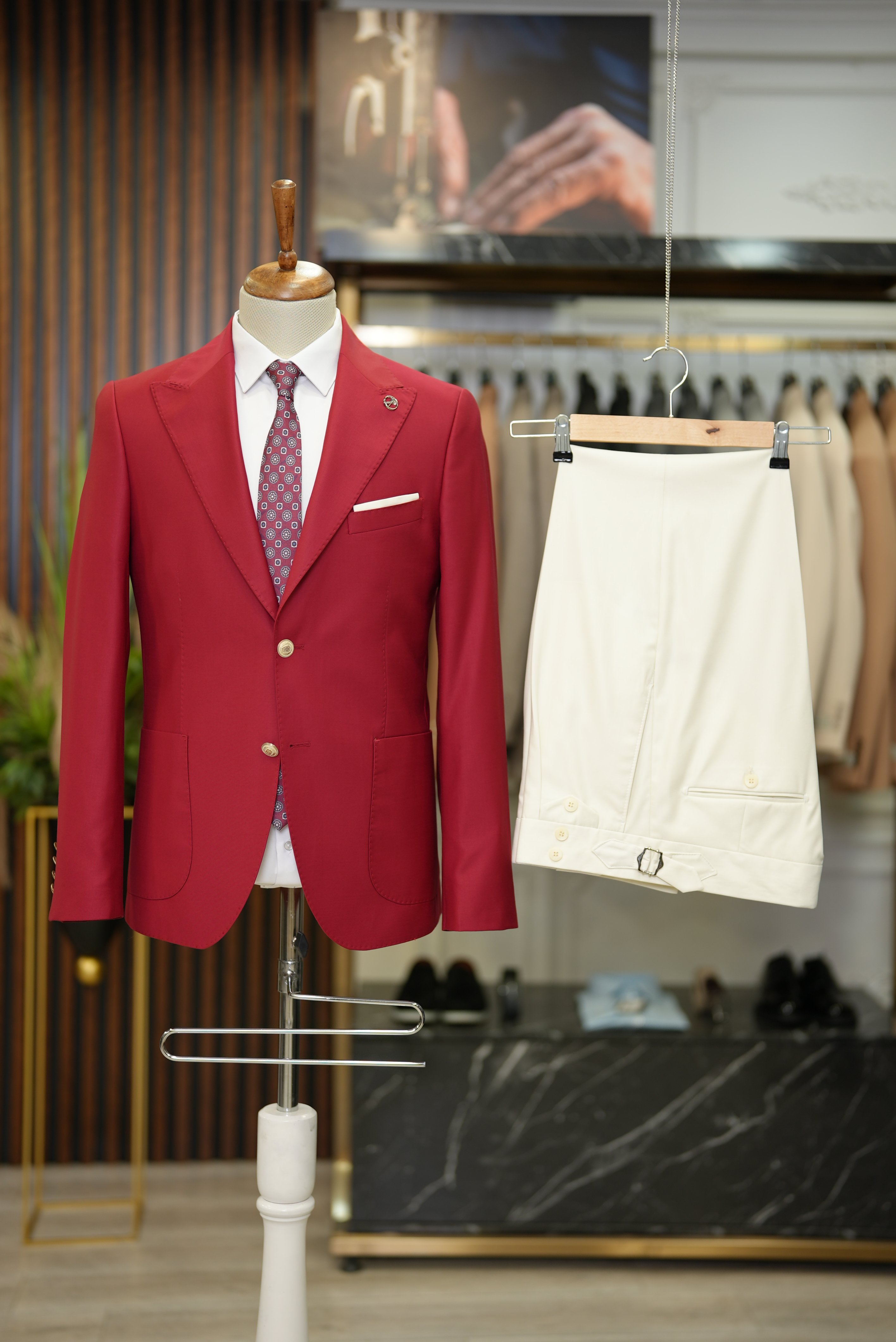 Pantaloni da giacca con tasca e tuta da uomo premium con cuciture a punto - Rosso