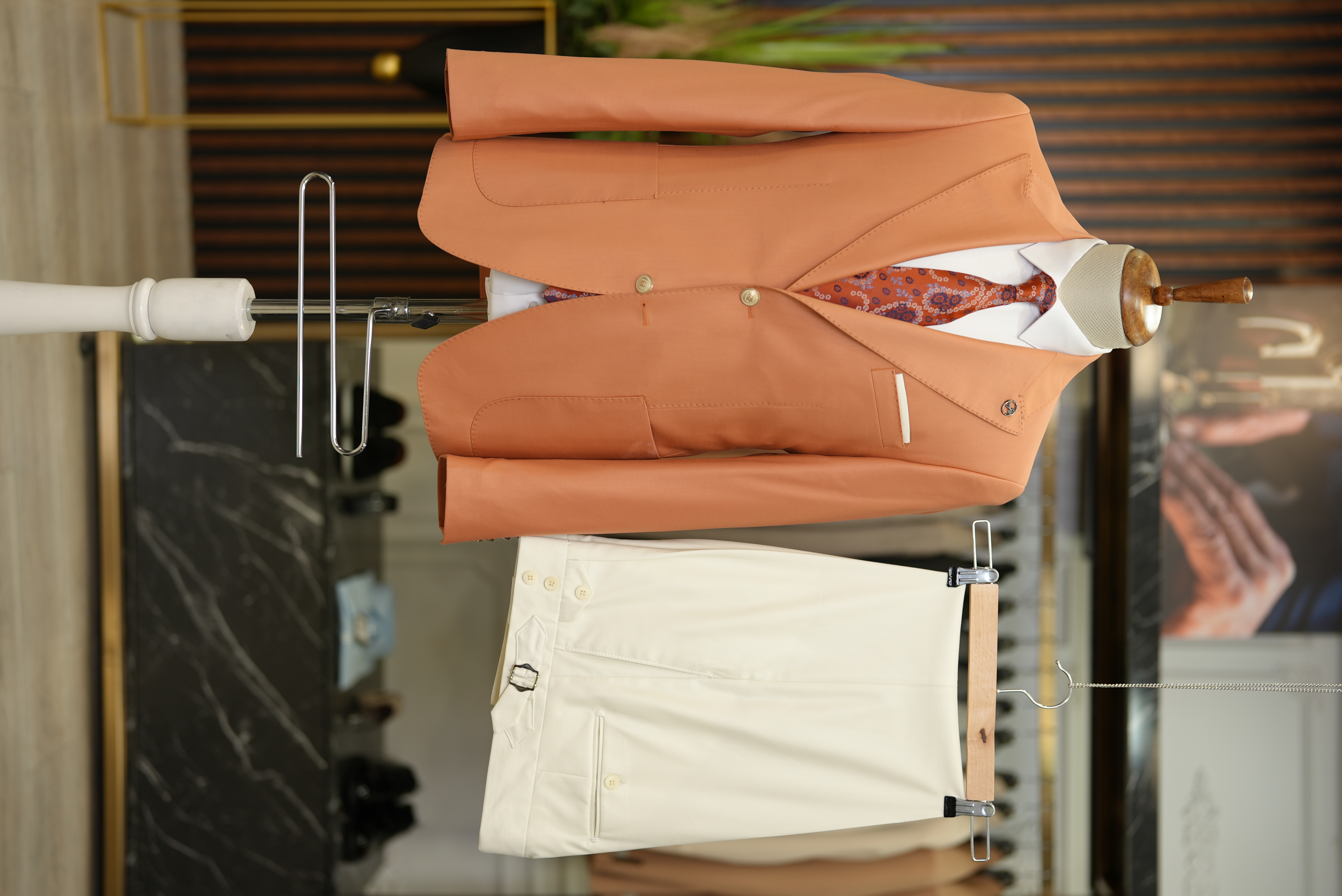 Pantaloni da giacca con tasca e tuta da uomo premium con cuciture a punto - arancione