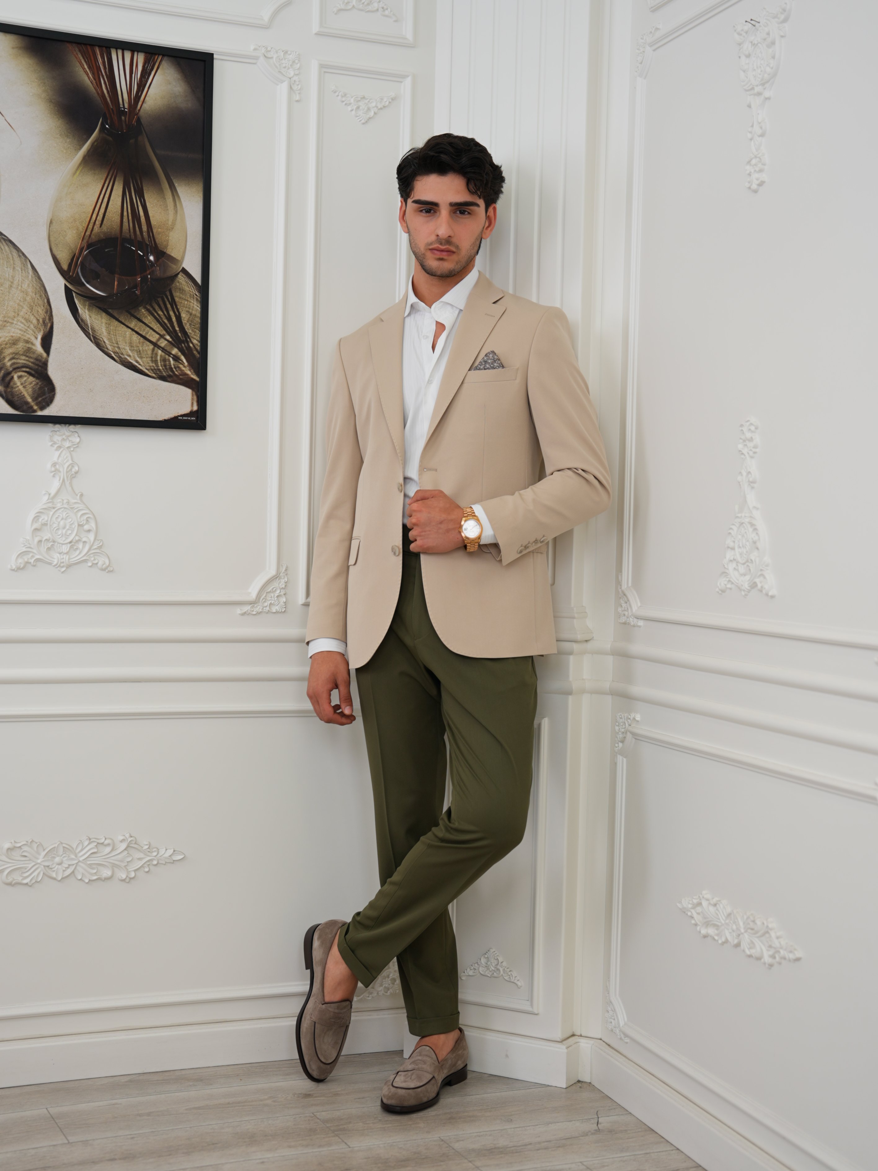 Premium İtalyan Stil Slim Fit Erkek Punto Dikişli Yarım Astarlı Ceket - Krem