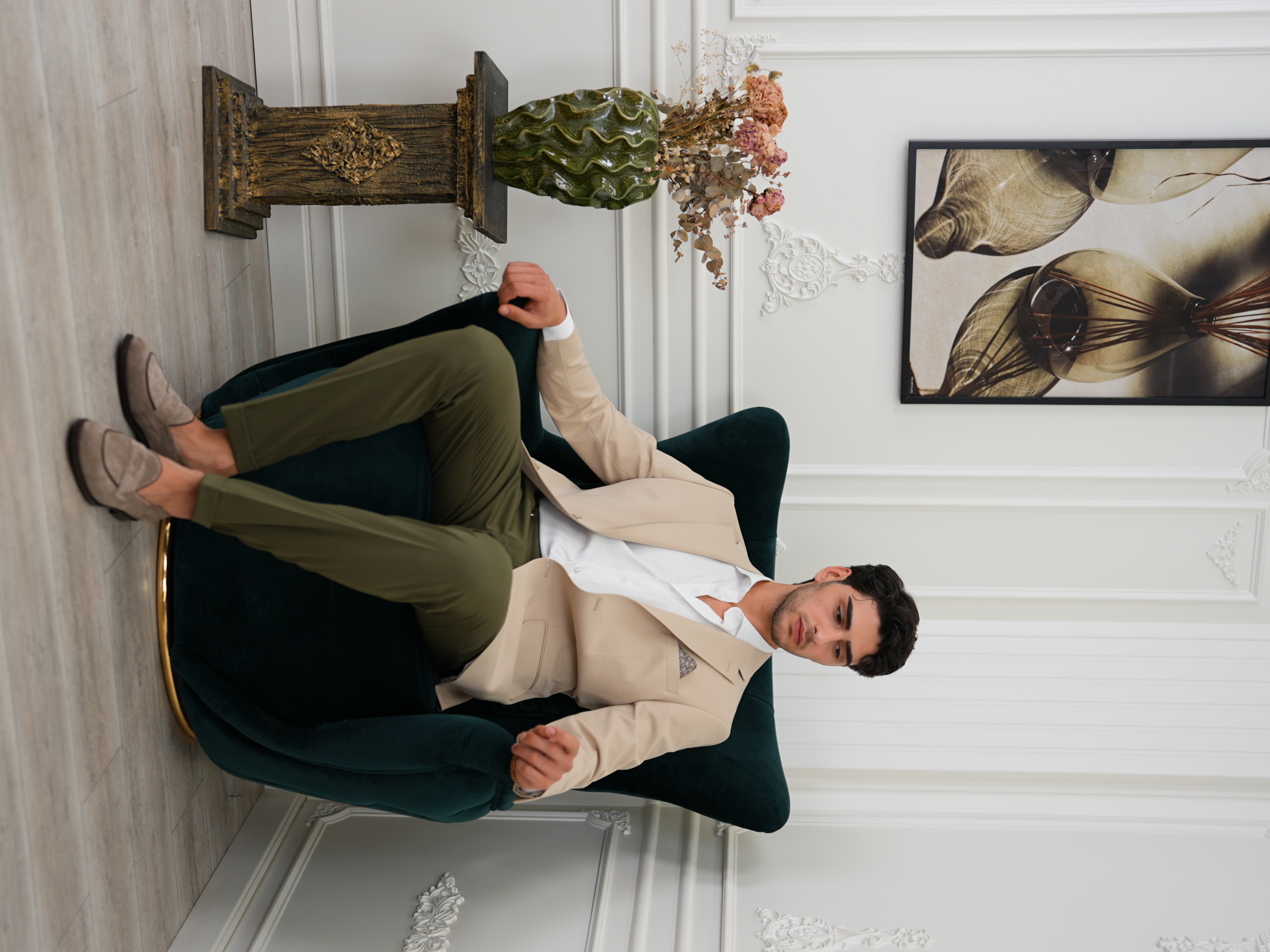 Premium İtalyan Stil Slim Fit Erkek Punto Dikişli Yarım Astarlı Ceket - Krem